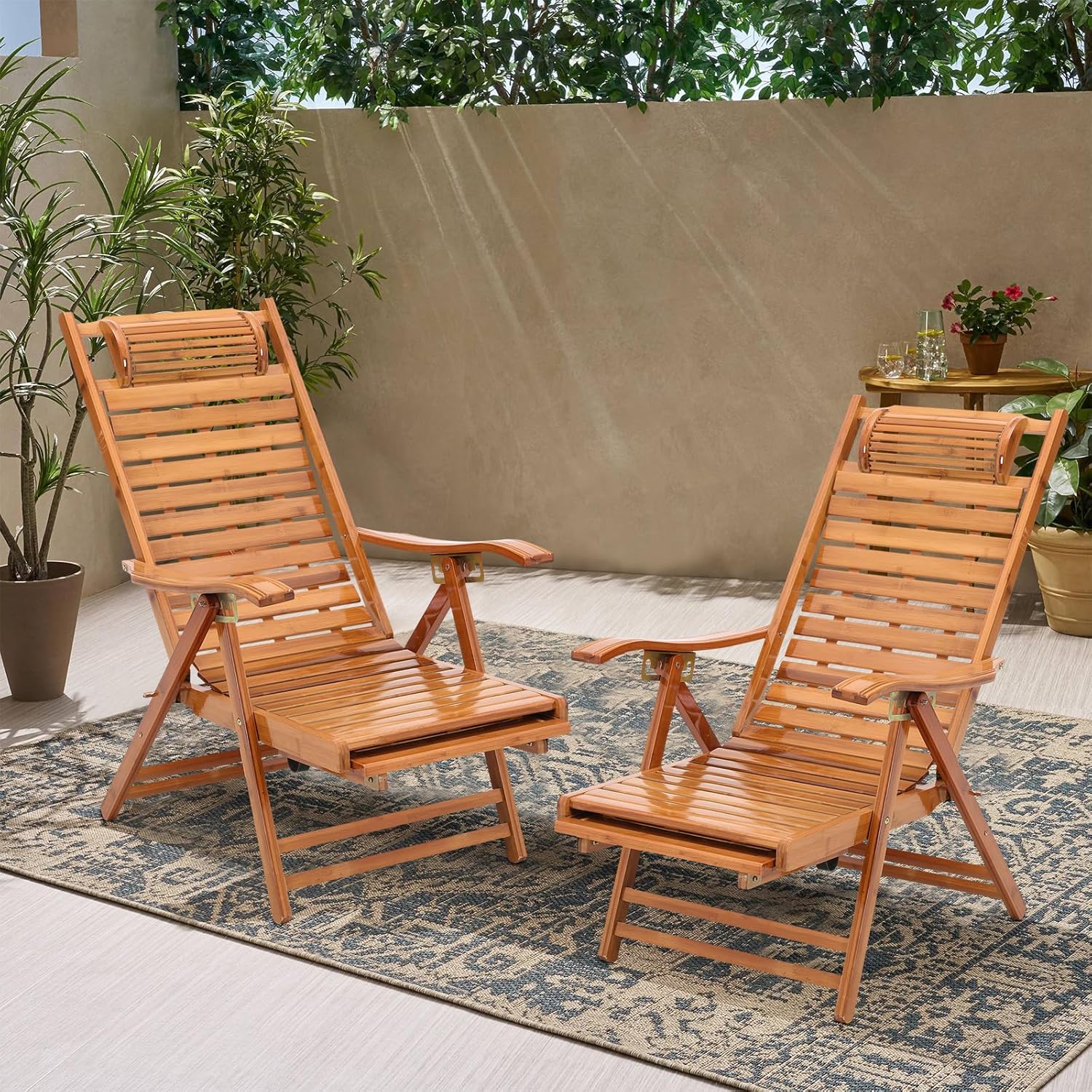 2 Piece Foldable Bamboo Sun Lounger Recliner Chair Adjustable