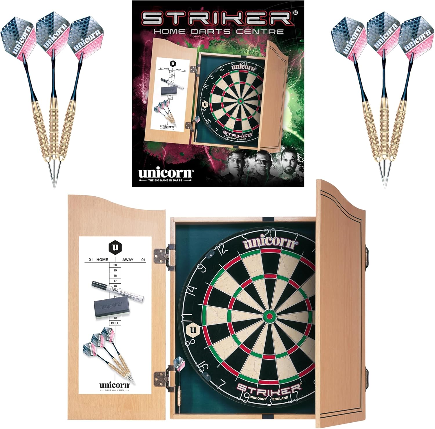 Dart Board Cabinet Set Wood Scoreboard 2 Darts Bristle Board