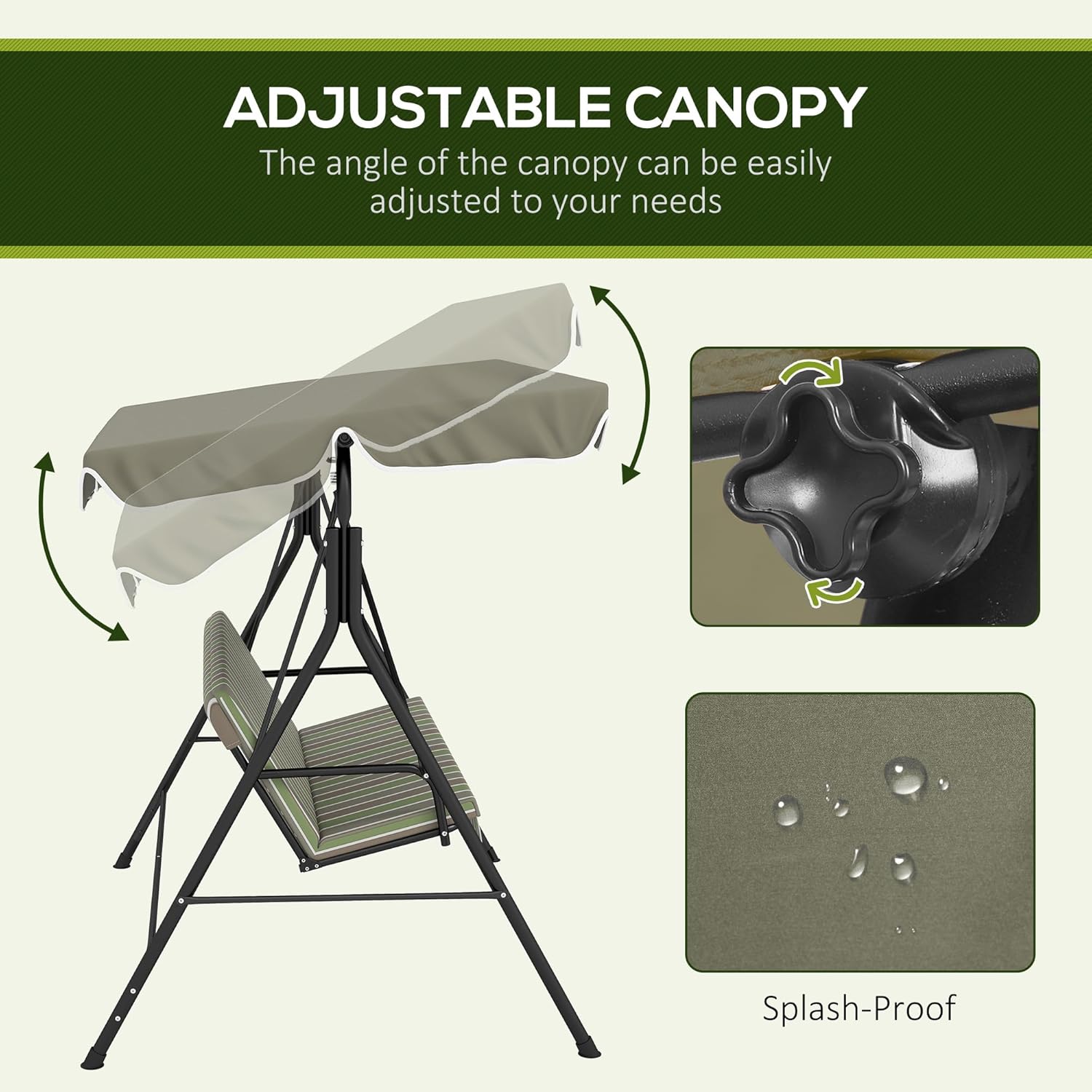3 Seater Garden Swing Chair with Canopy Green Grey