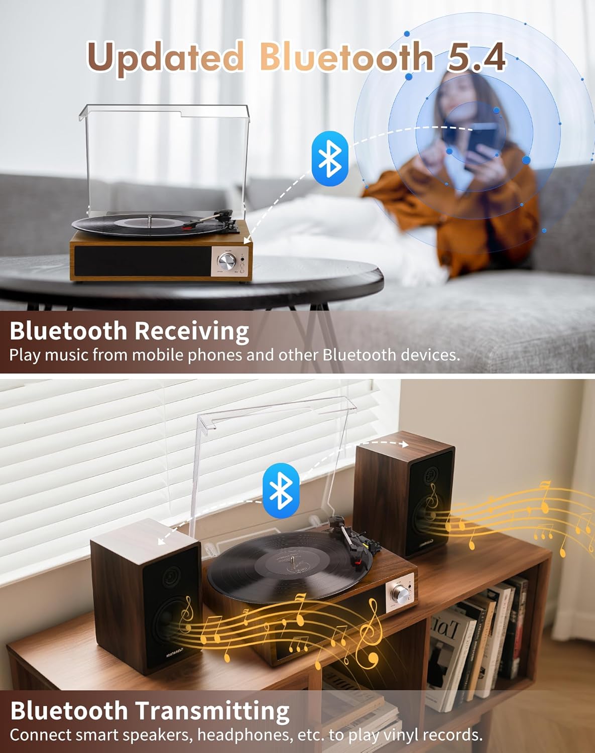 Bluetooth Vinyl Record Player 3 Speed USB Recording