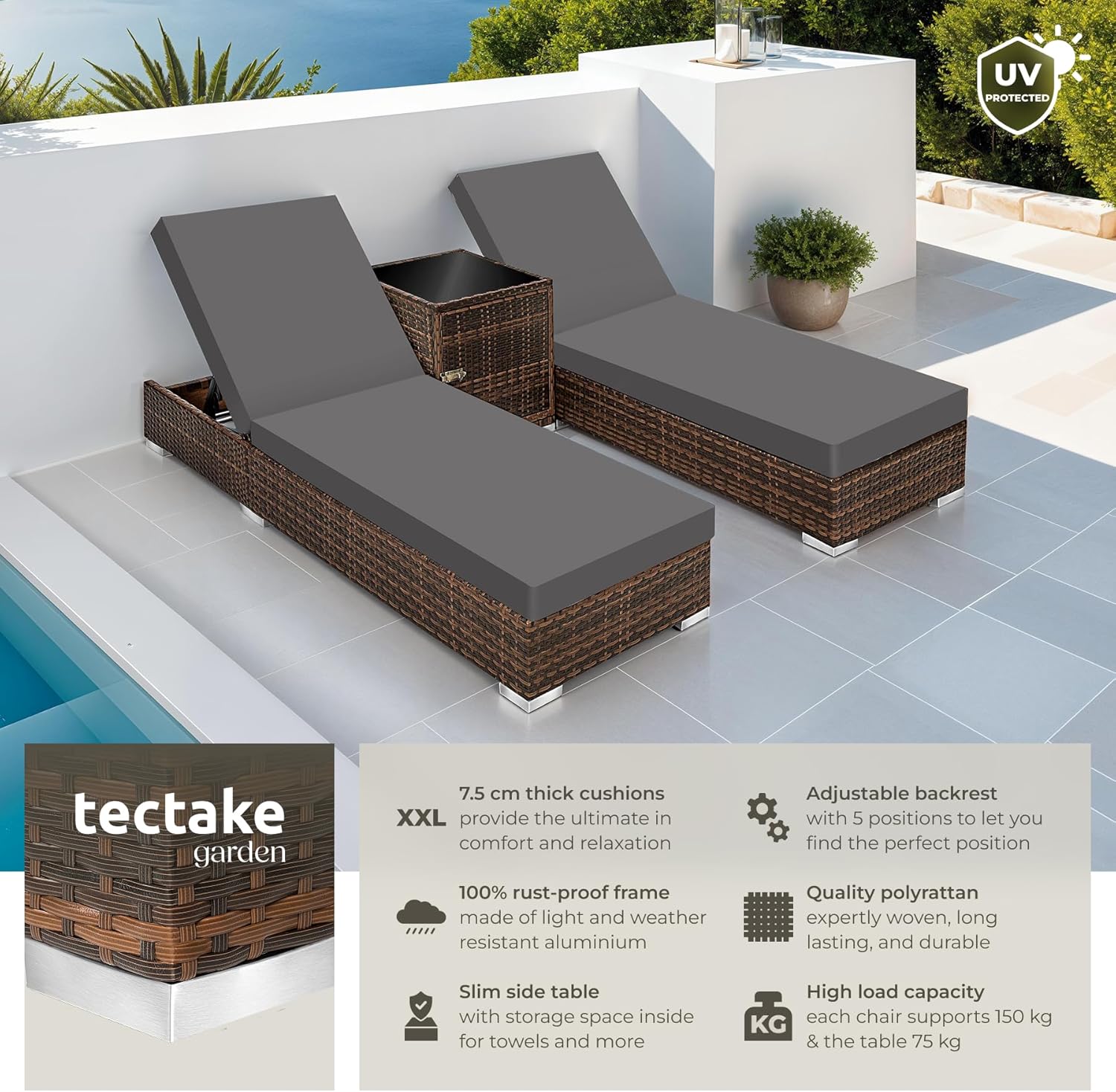 3 Piece Rattan Sun Lounger Set Recliners Table Brown