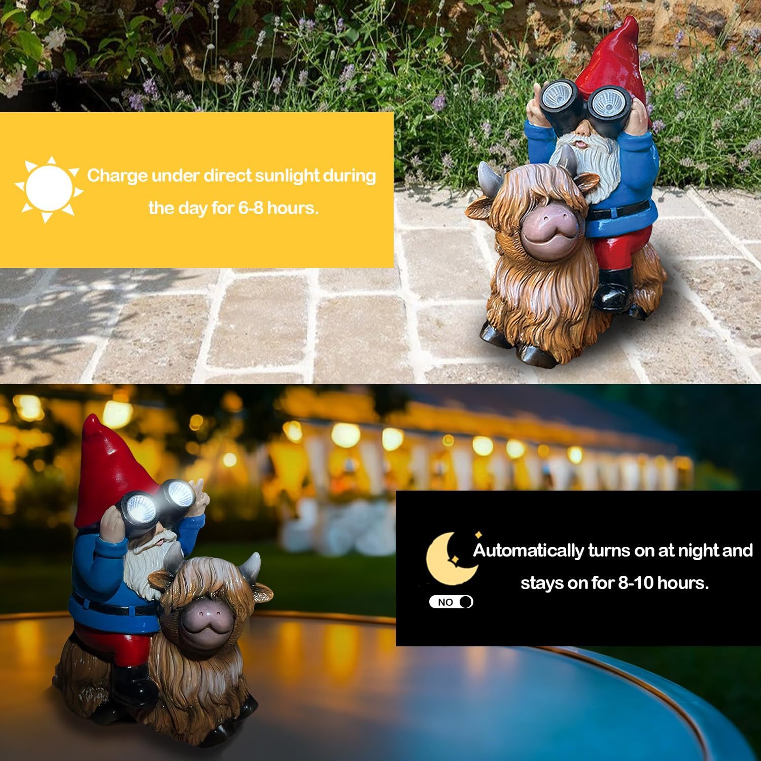 Solar Gnome Highland Cow Statue Garden Decor Outdoor LED