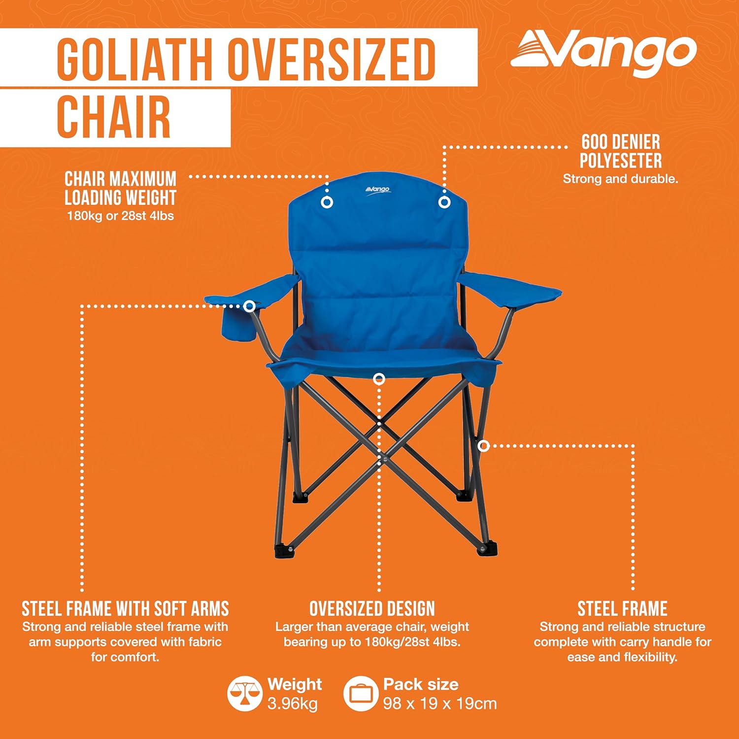 XL Padded Camping Chair 180kg Extra Wide Blue Fold