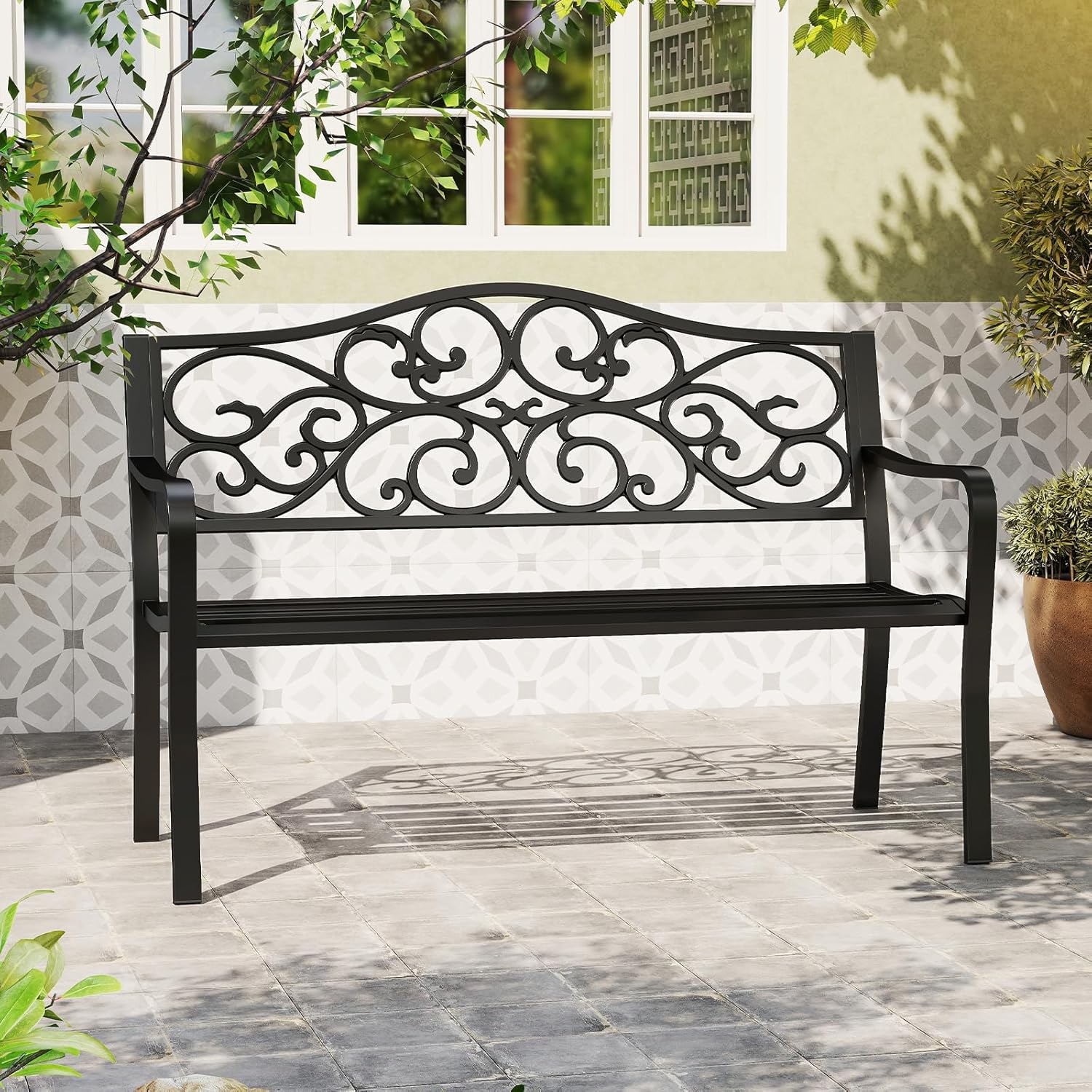 Metal Garden Bench 2-3 Seater Scroll Back Patio Seat Black