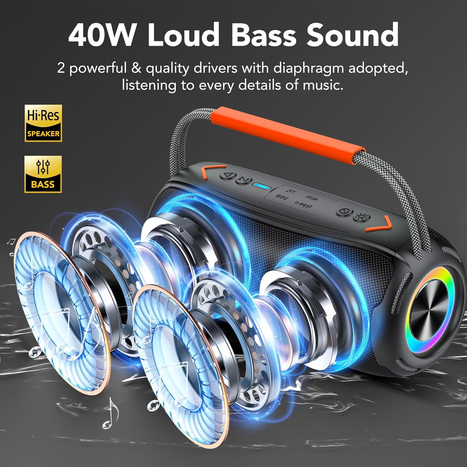 40W Portable Bluetooth Speaker RGB Lights Waterproof 30H Playtime