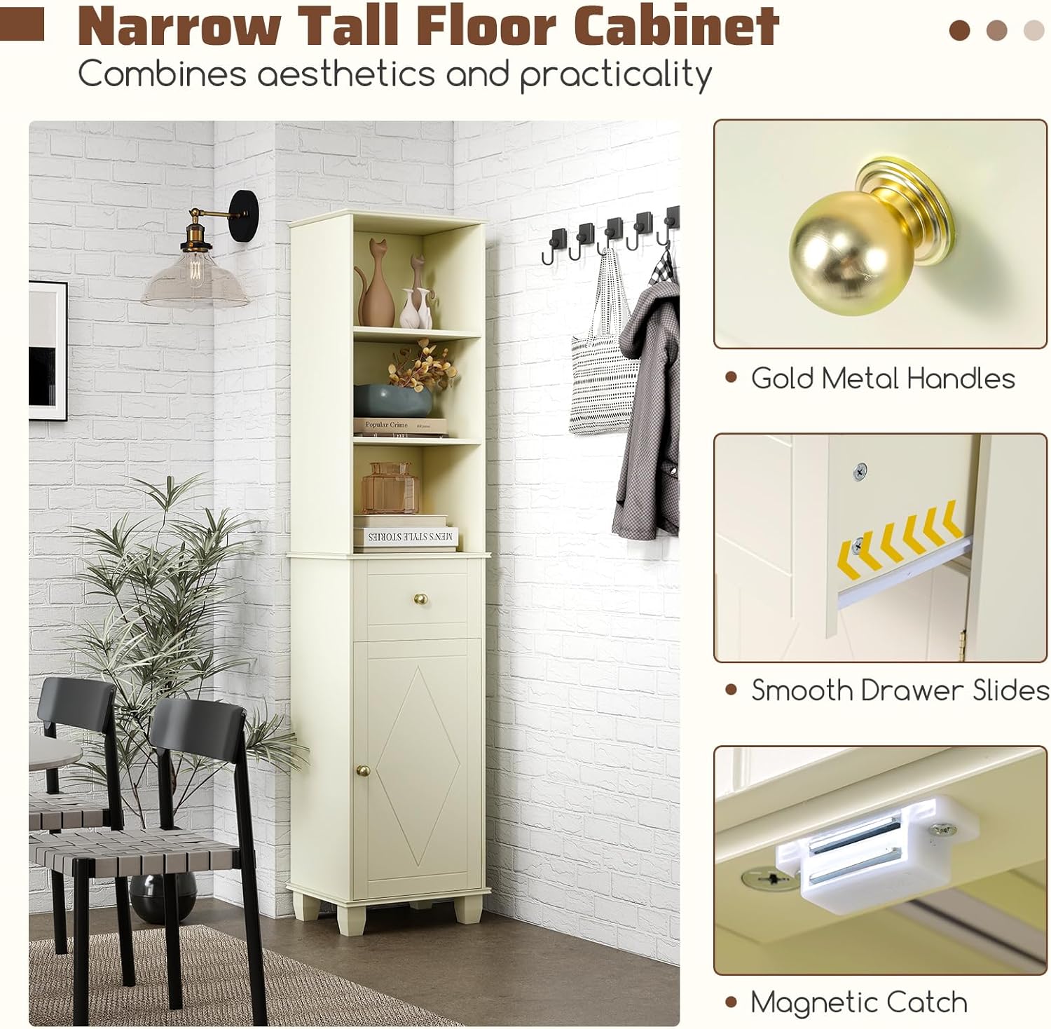 Tall Slim Storage Cabinet Beige Drawer Shelves Door Unit