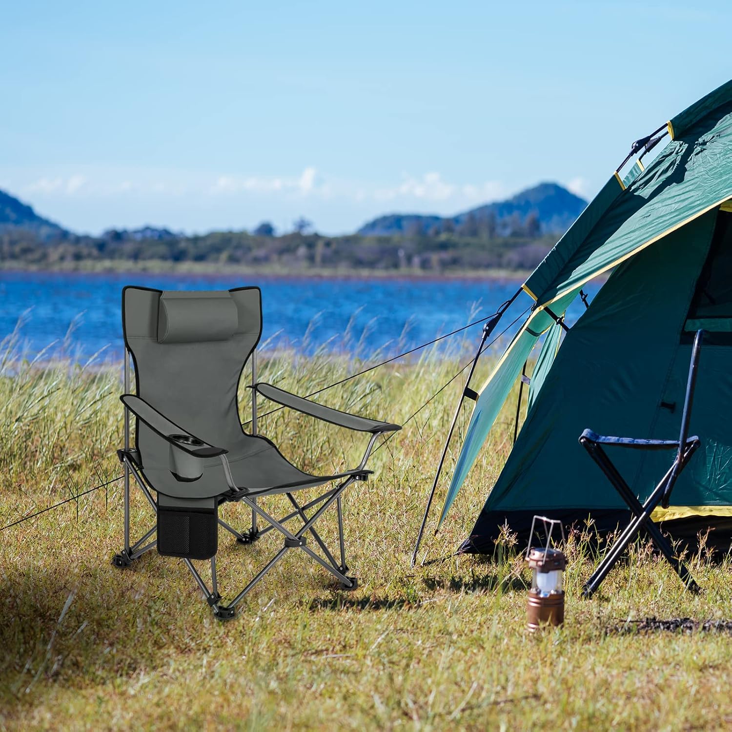 Reclining Camping Chair Folding Seat with Footrest Headrest