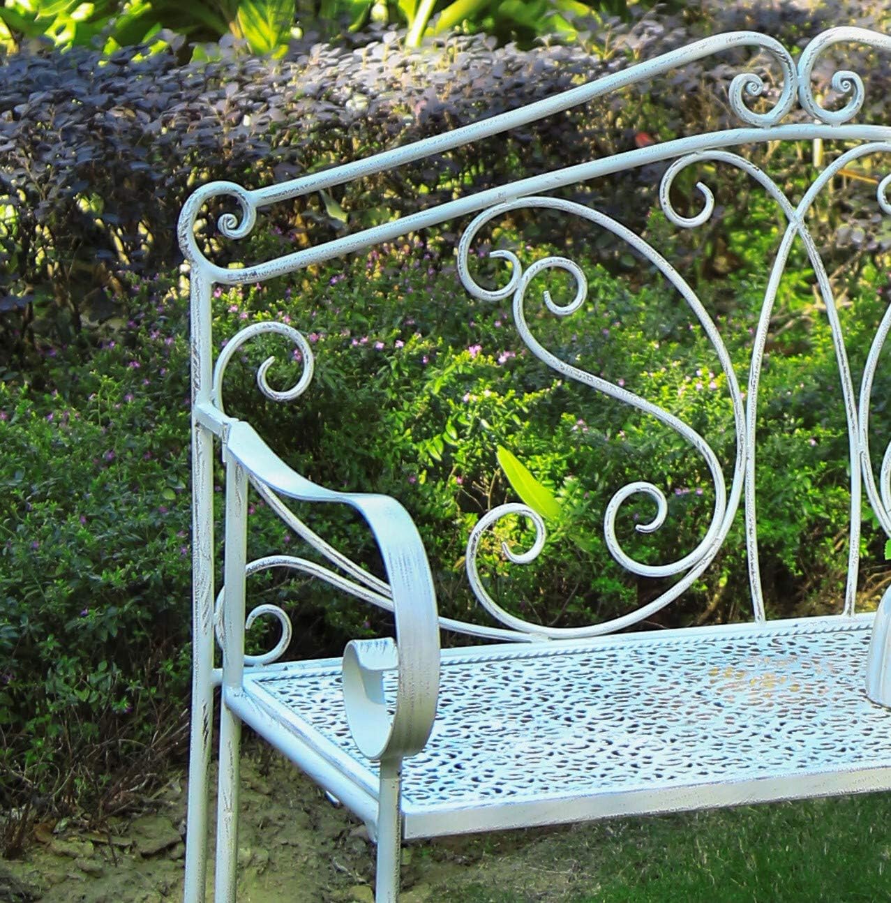 Foldable Metal Garden Bench Vintage Patio Seat White Iron