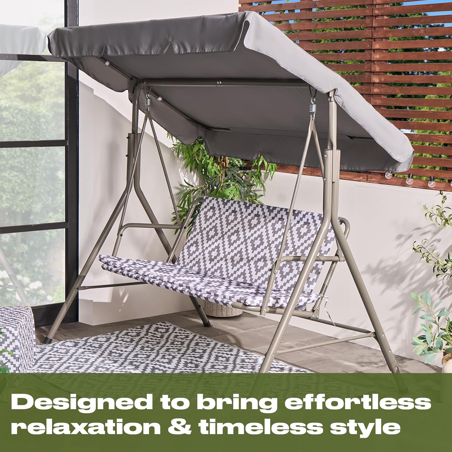 3 Seater Garden Swing Bench with Geometric Cushion Grey