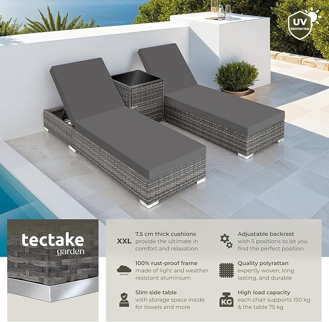 3 Piece Rattan Sun Lounger Set Recliners Table Grey