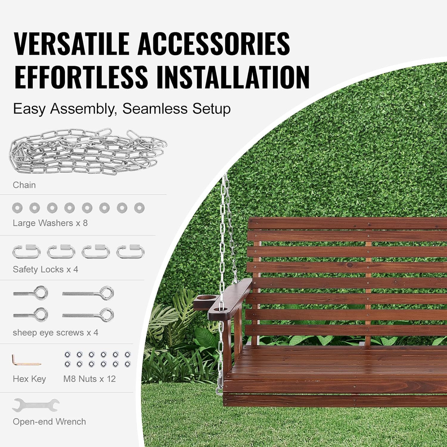 Brown Wooden Porch Swing Bench 5.5ft with Cup Holders