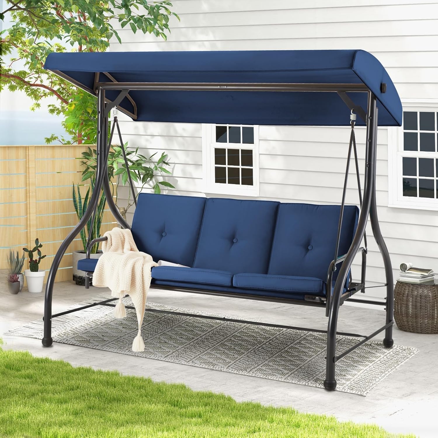 3 Seater Garden Swing Seat Bed Convertible Hammock Chair Blue