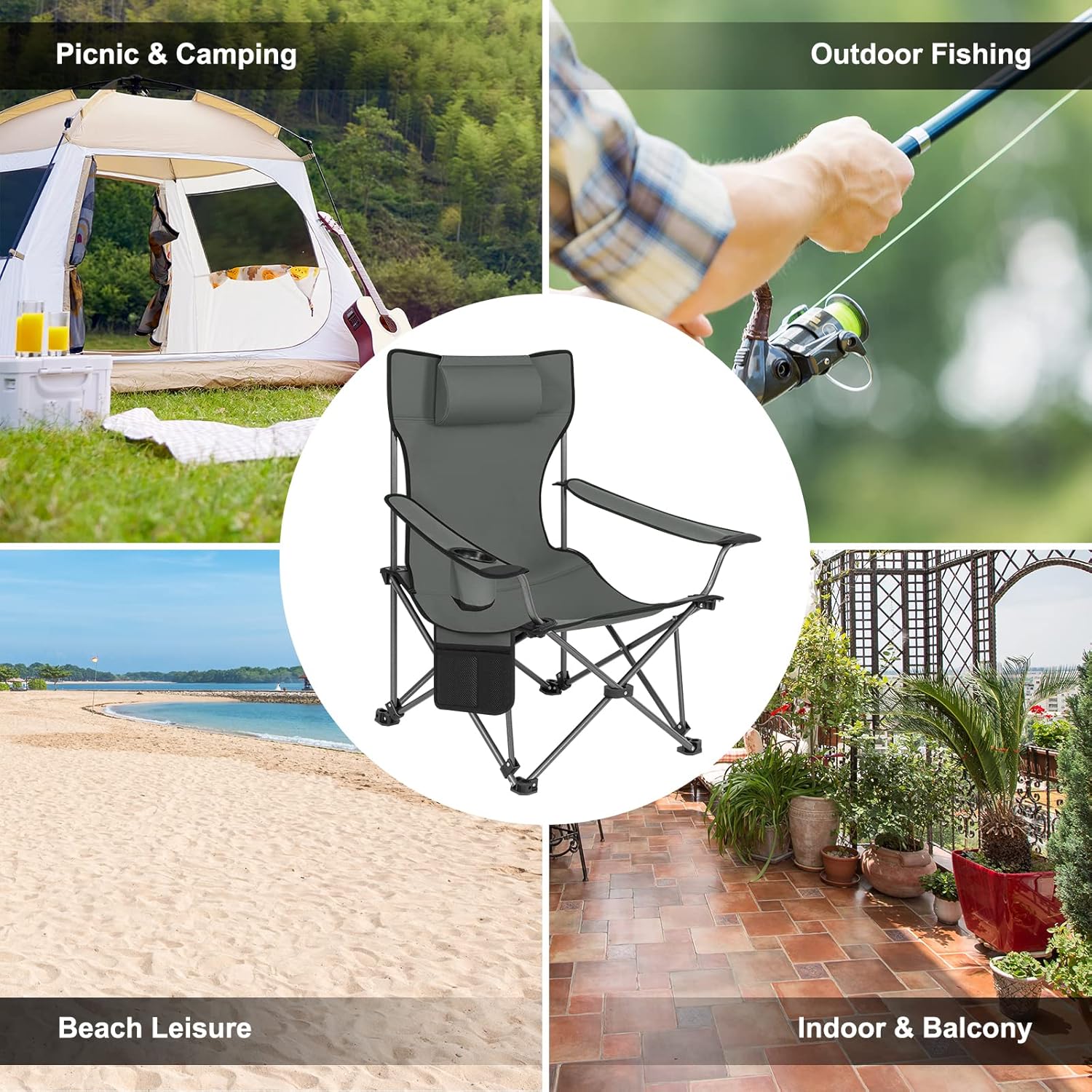 Reclining Camping Chair Folding Seat with Footrest Headrest