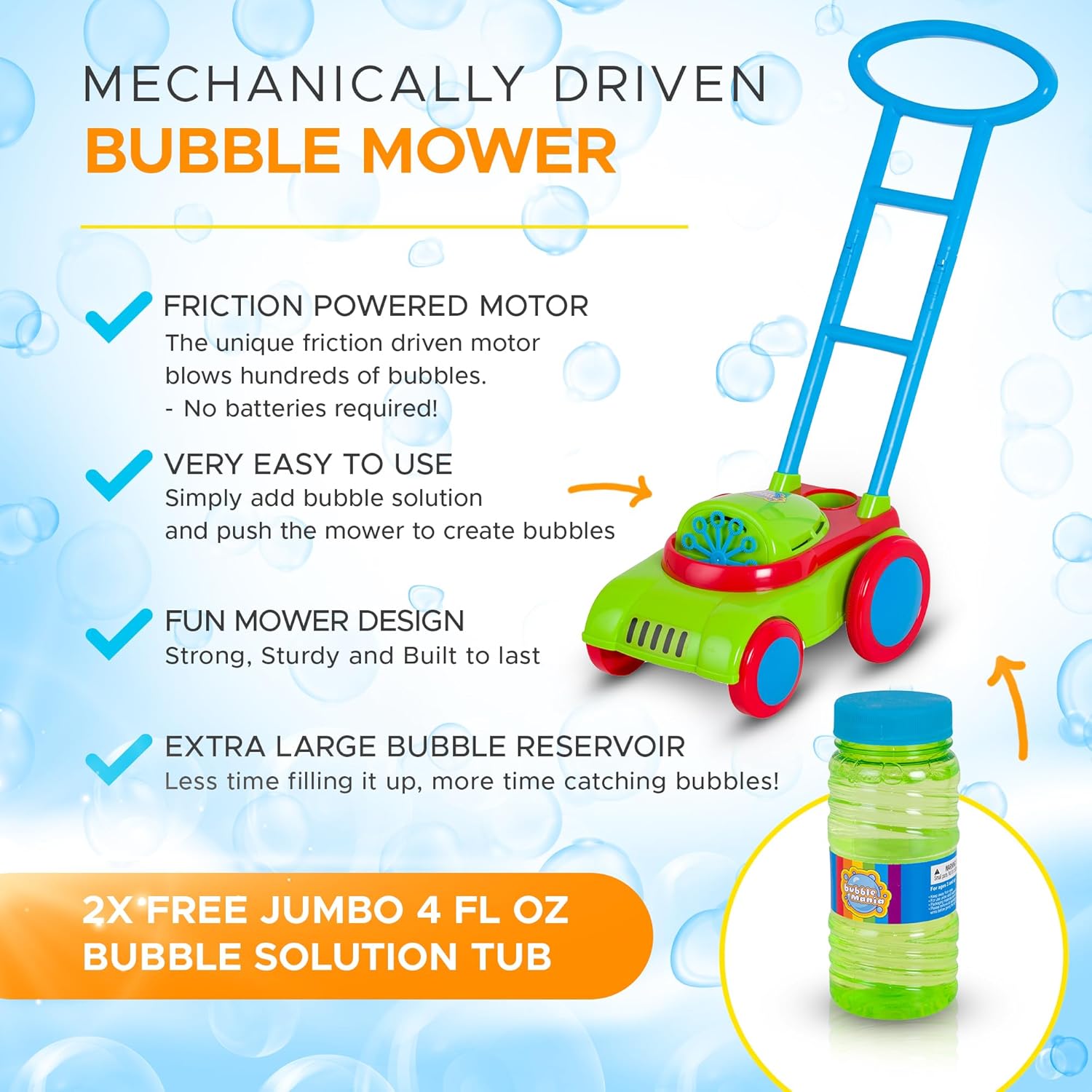 Bubble Lawn Mower Friction Powered Kids Garden Push Toy