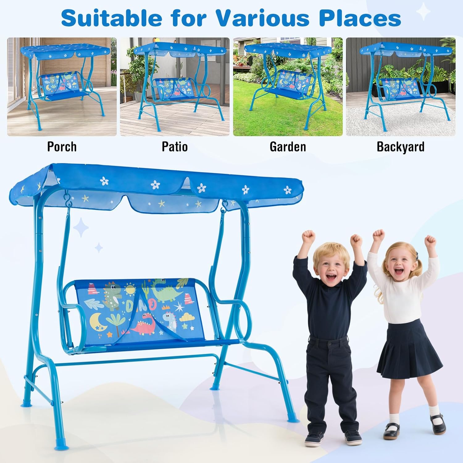 Kids 2 Seat Swing Chair Blue Canopy Safety Belts