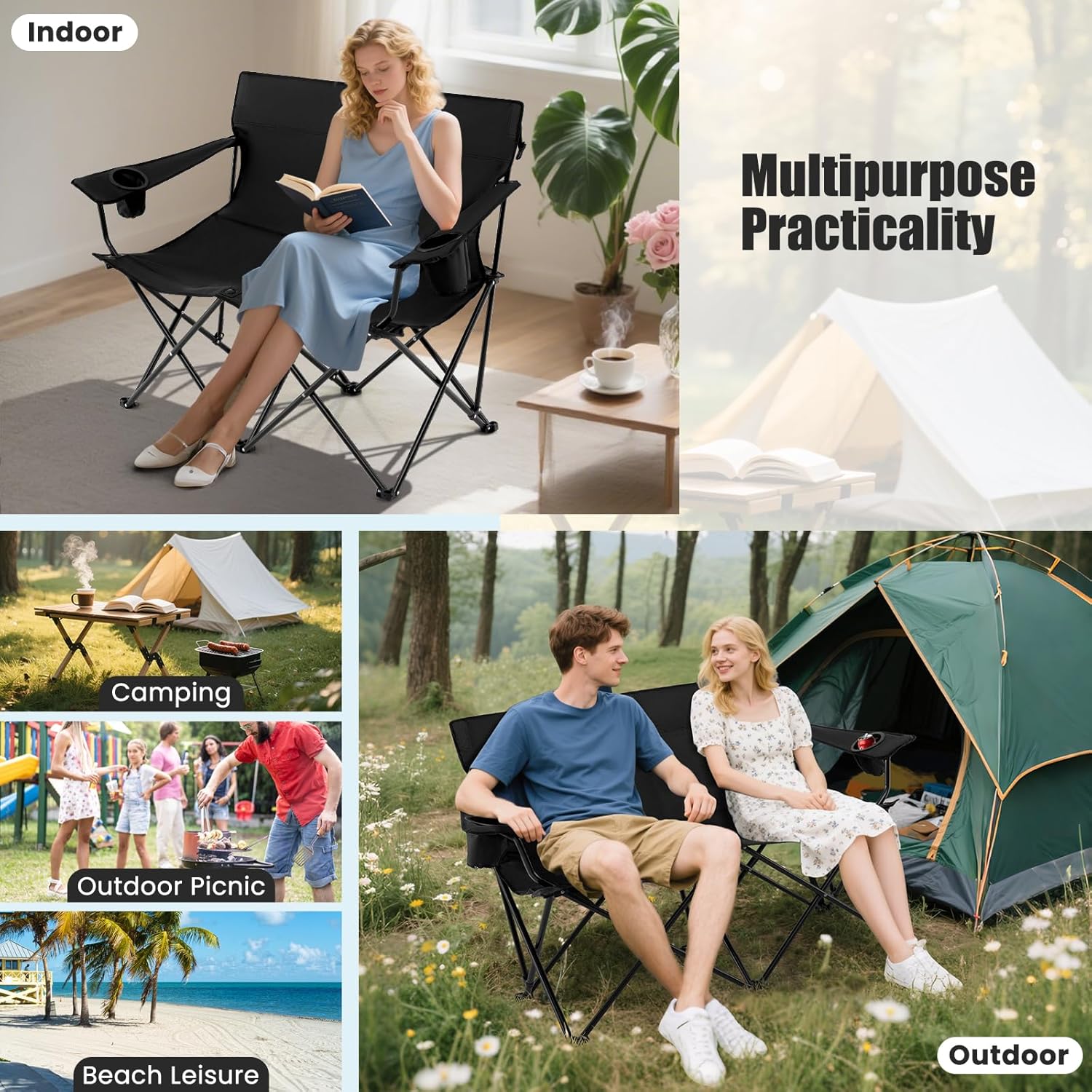 Double Camping Loveseat Chair 300KG Foldable Black