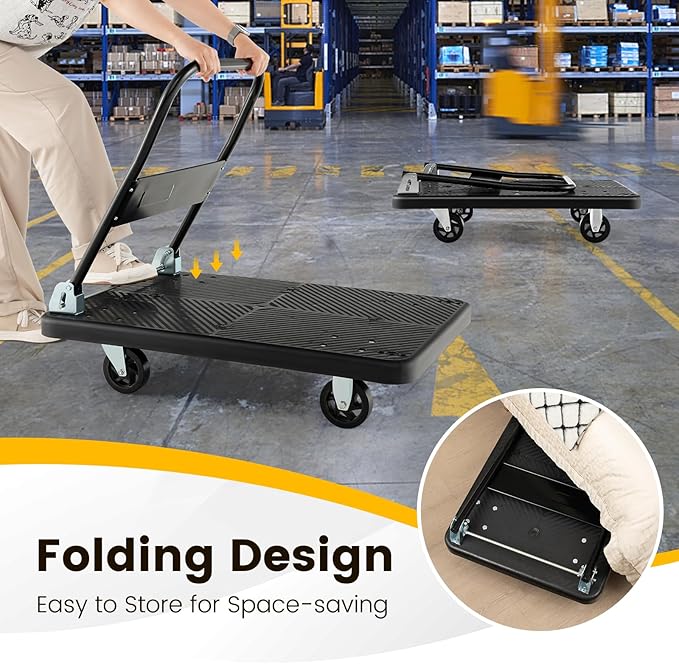 Folding Push Cart Dolly 400KG Flatbed Trolley Black