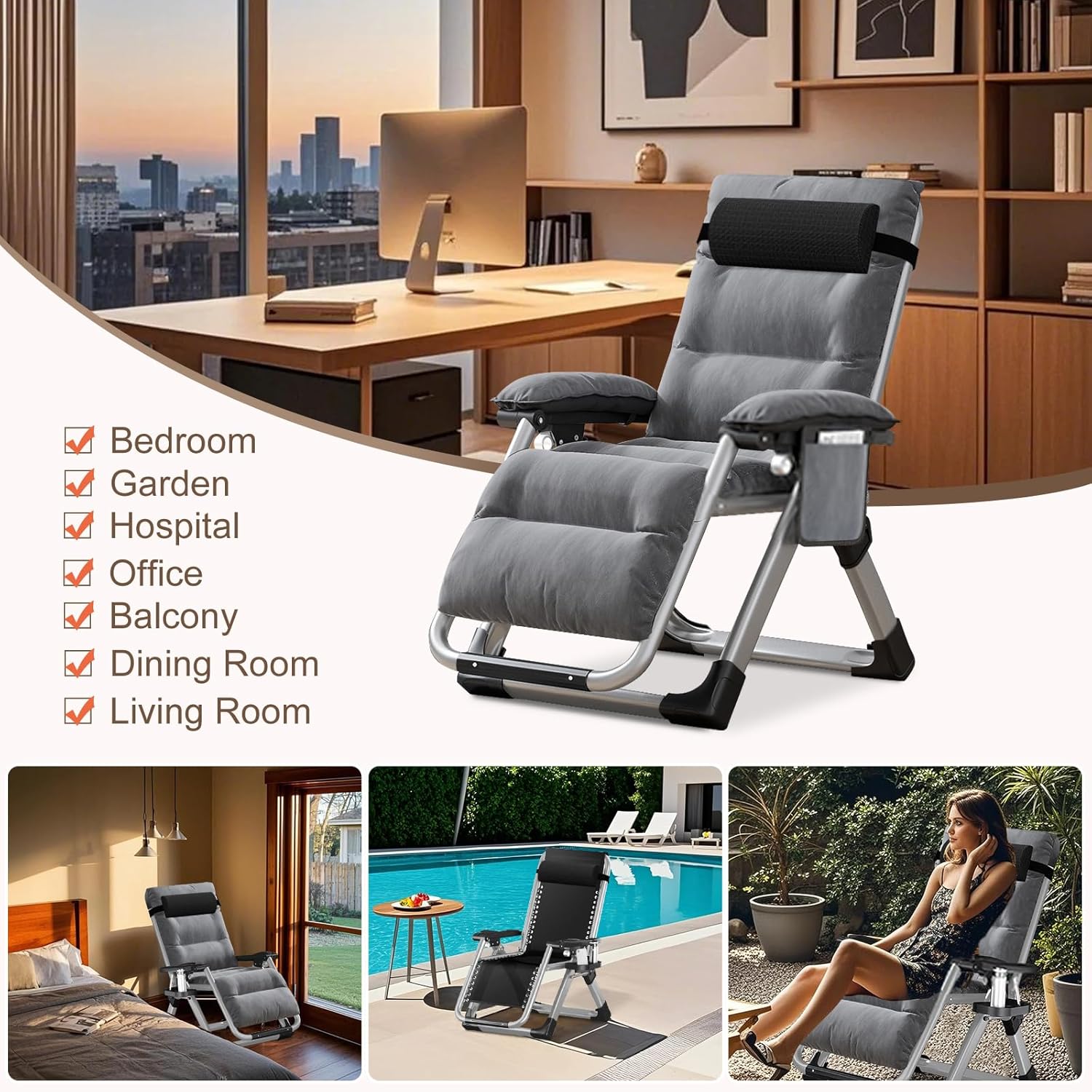 Zero Gravity Folding Sun Lounger Chair 440LBS Heavy Duty Grey