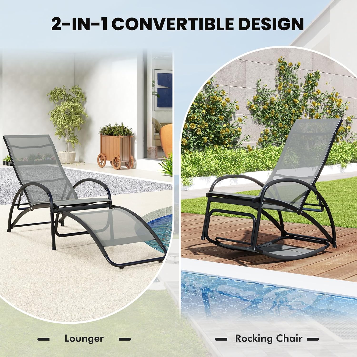 2 in 1 Garden Sun Lounger Rocking Chair Adjustable Grey