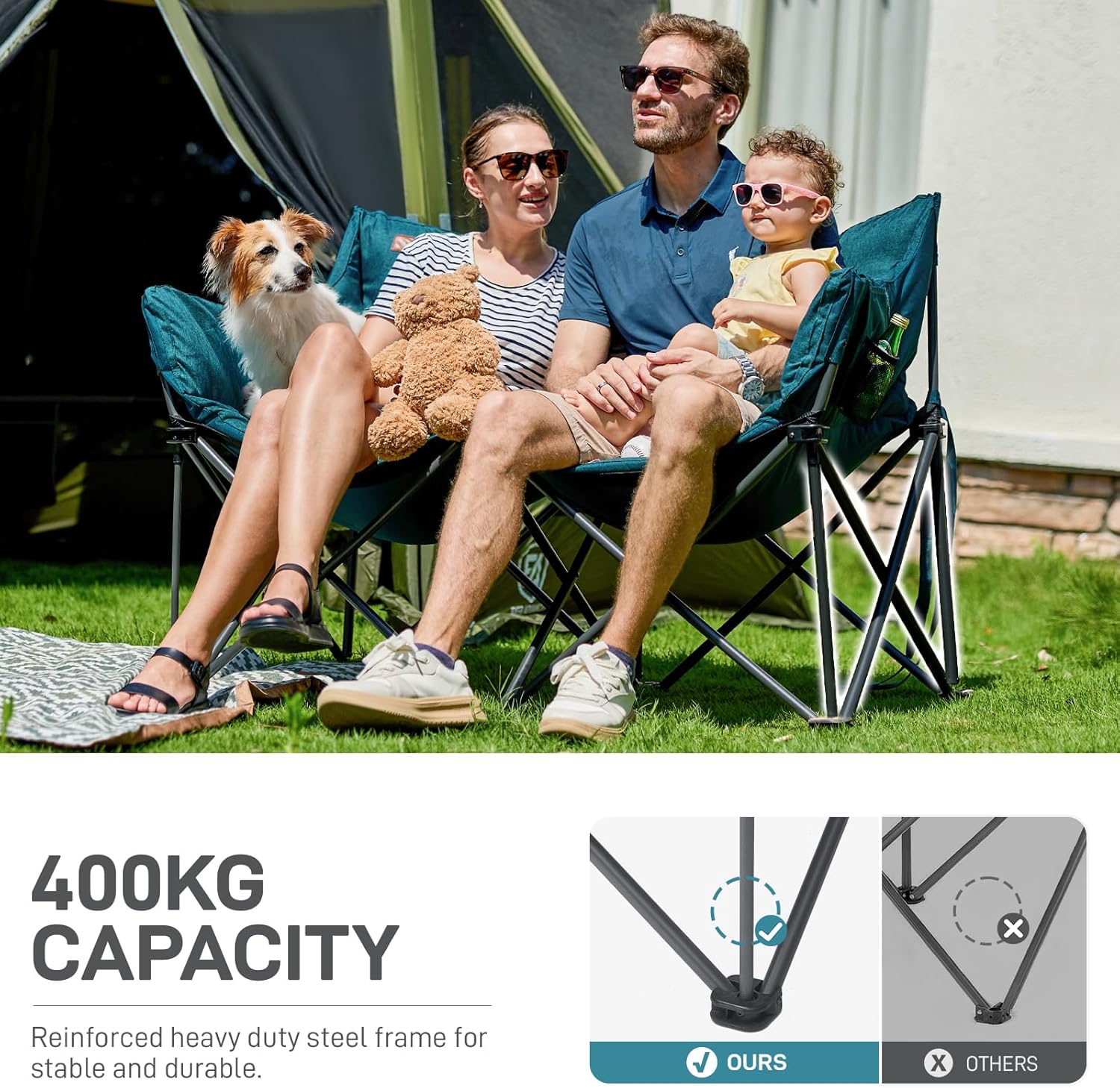 Double Camping Chair 400KG Heavy Duty Folding Sofa Green