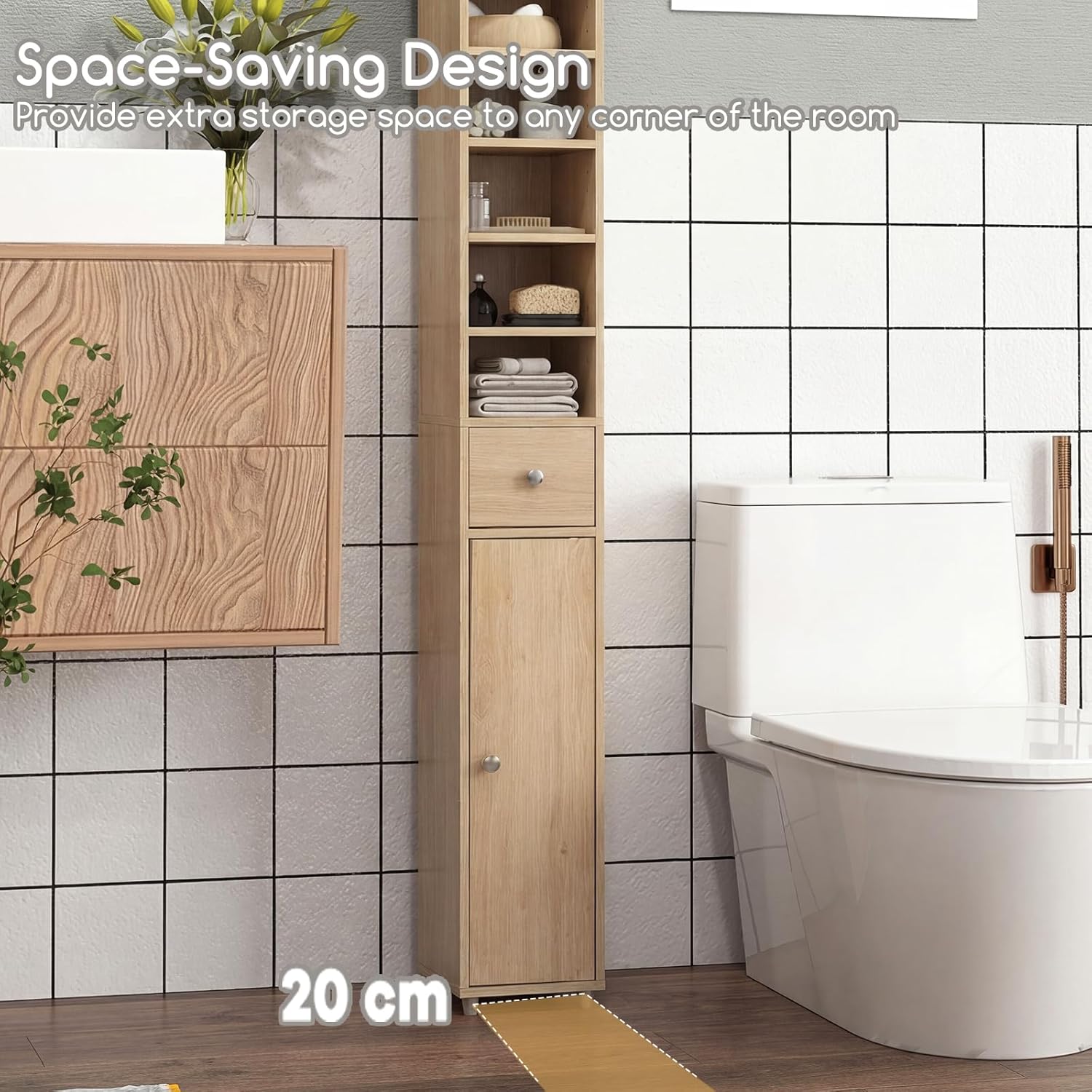 Tall Bathroom Storage Cabinet Slim Floor Standing Shelf Drawer Unit