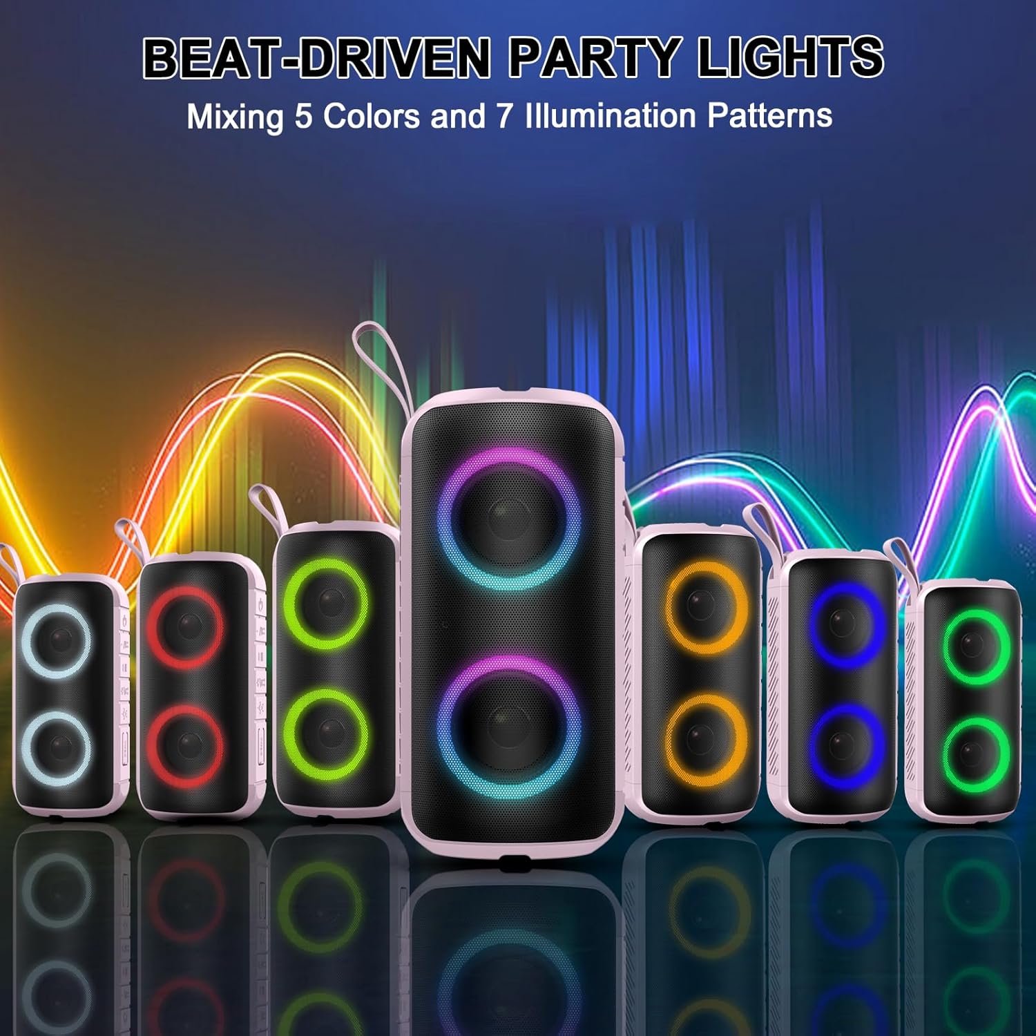 Portable Bluetooth Speaker 360 Stereo Bass RGB Lights IPX7 Waterproof