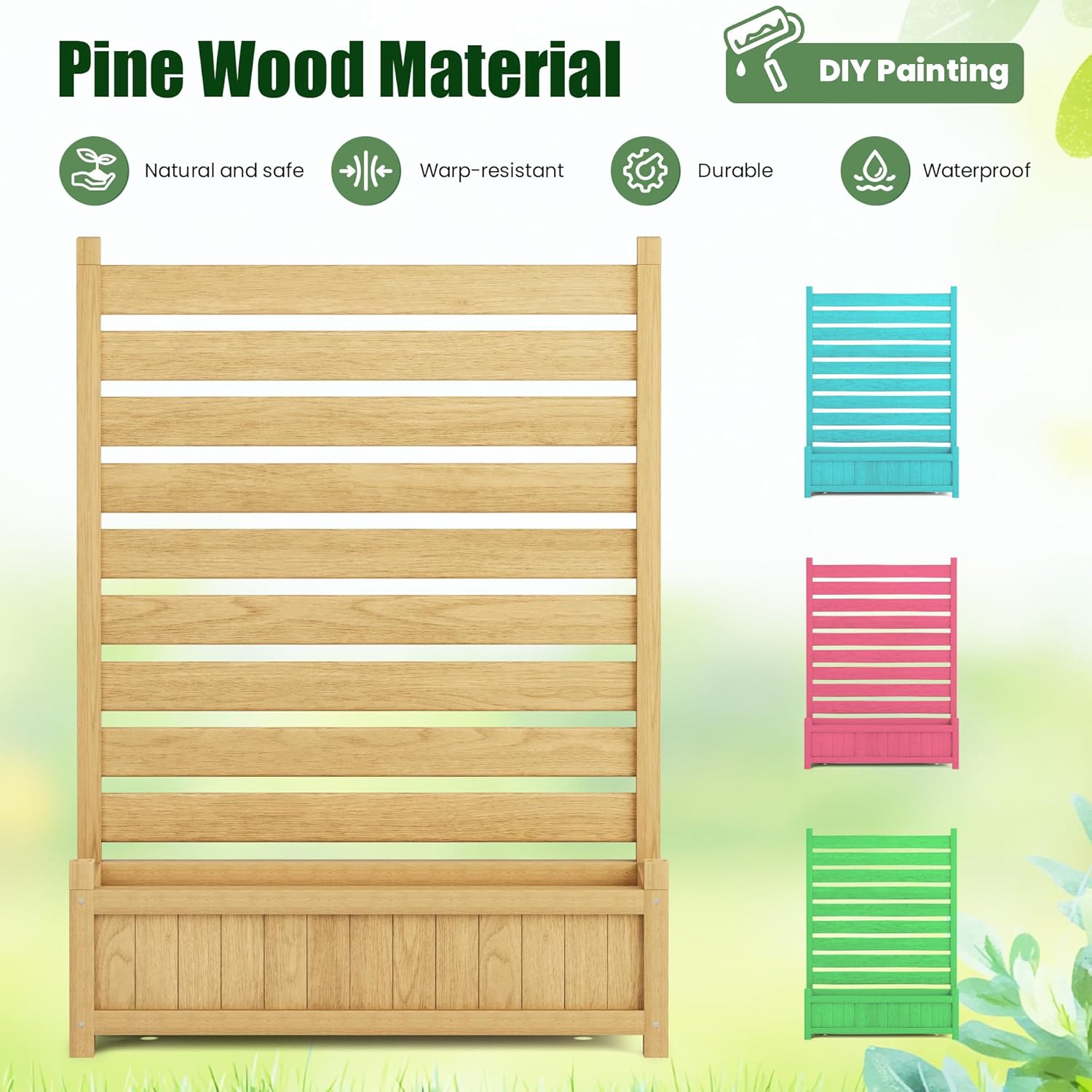 Wooden Planter with Trellis Privacy Screen Natural
