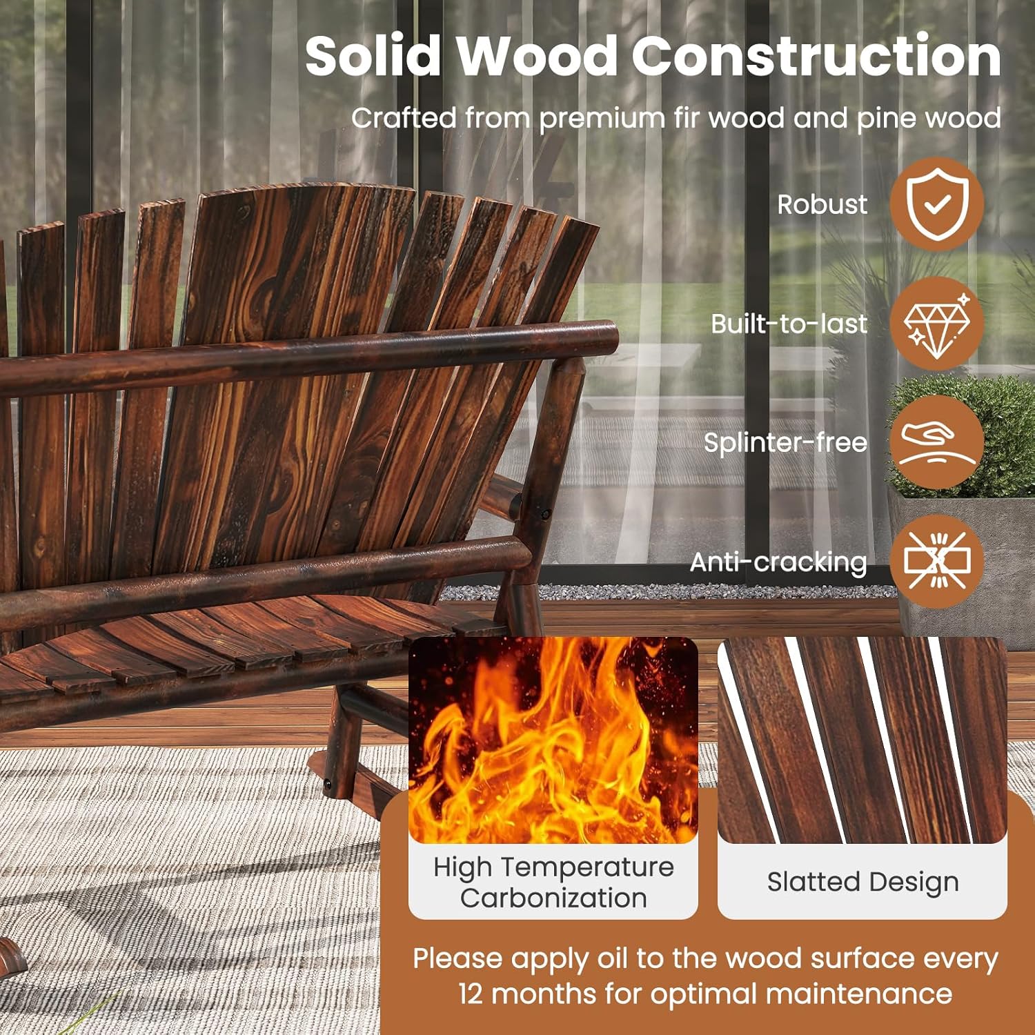 2 Person Wooden Adirondack Rocking Bench Patio Porch Chair