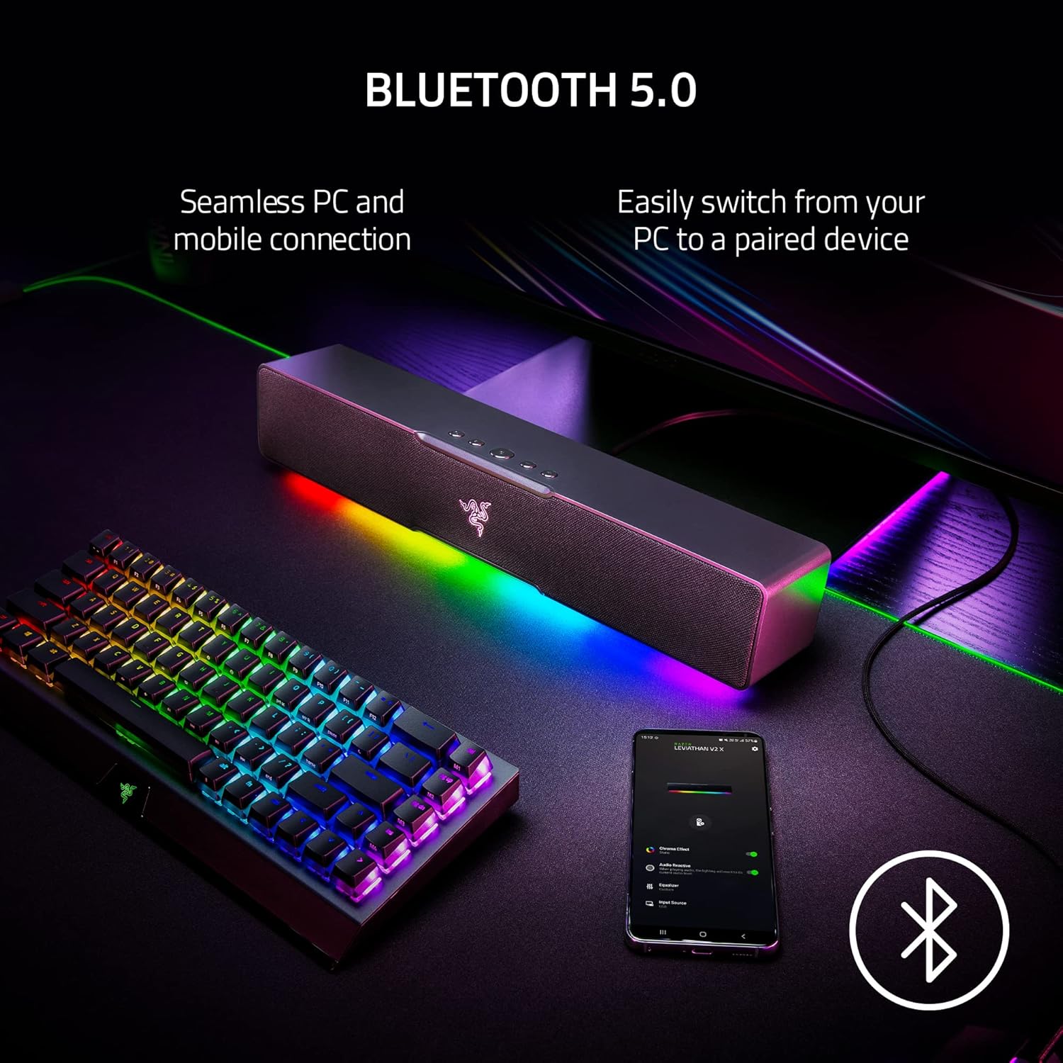 PC Gaming Soundbar USB C Bluetooth RGB Desktop Speakers Stereo Audio