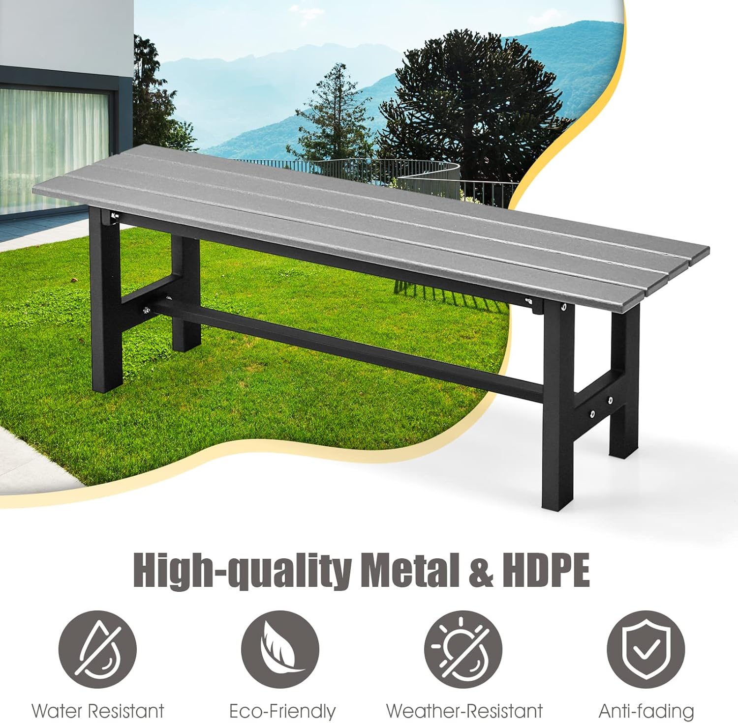 2 Seater HDPE Garden Bench Metal Frame Outdoor Patio Seat Grey