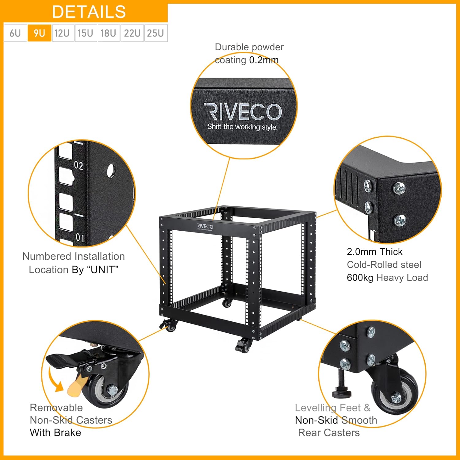 9U Open Frame Server Rack with Wheels 19 Inch Heavy Duty