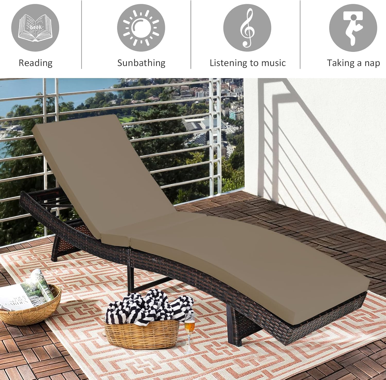 Folding Rattan Sun Lounger 5 Position Cushion Grey