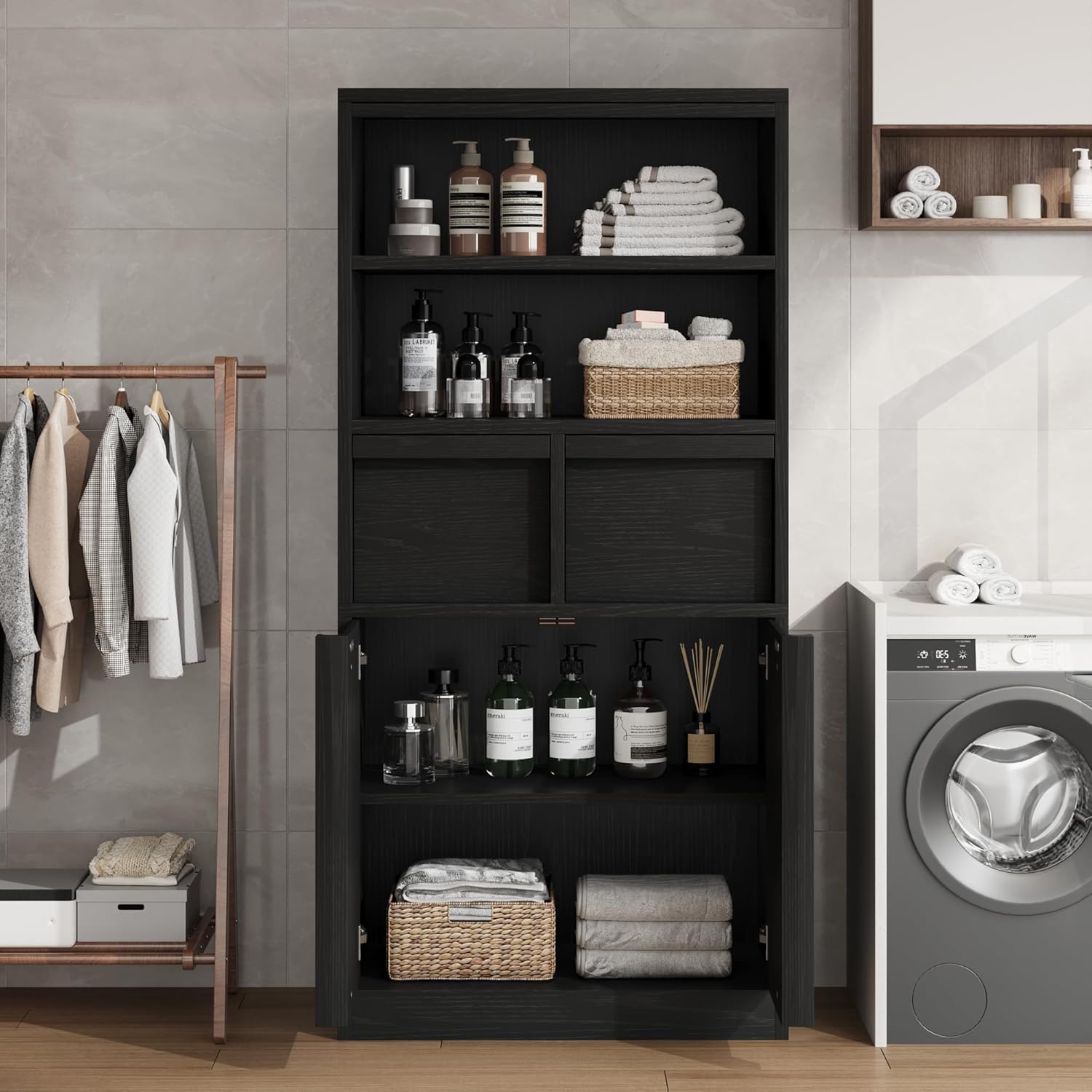 Tall Bathroom Storage Cabinet Black 2 Drawers Door Unit