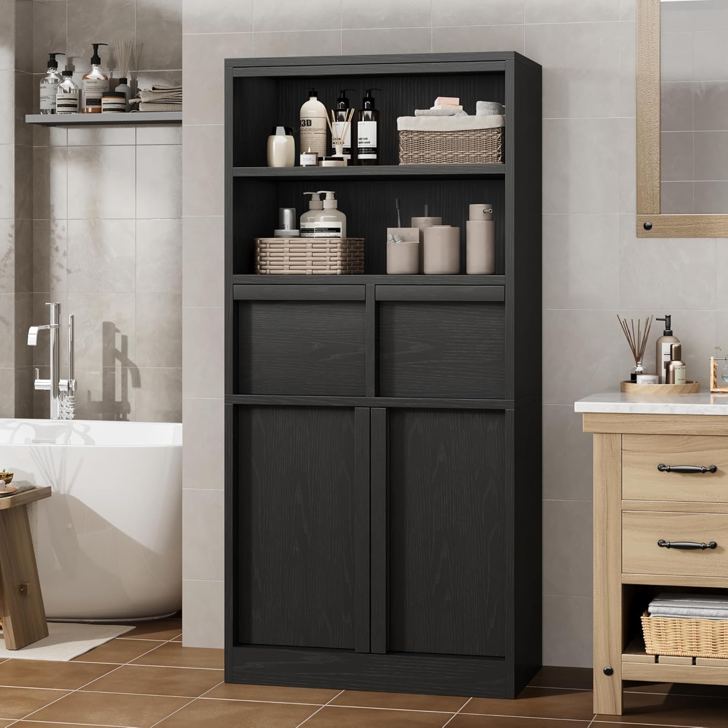 Tall Bathroom Storage Cabinet Black 2 Drawers Door Unit