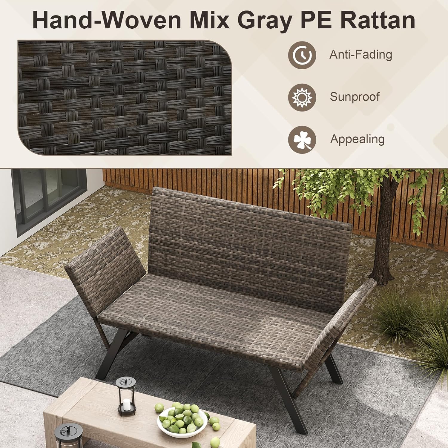 Convertible Rattan Sofa Bed Outdoor Daybed Grey