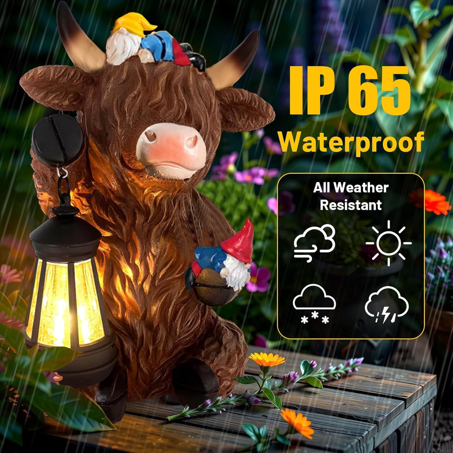 Solar Highland Cow Gnome Statue Lantern Outdoor Garden Decor
