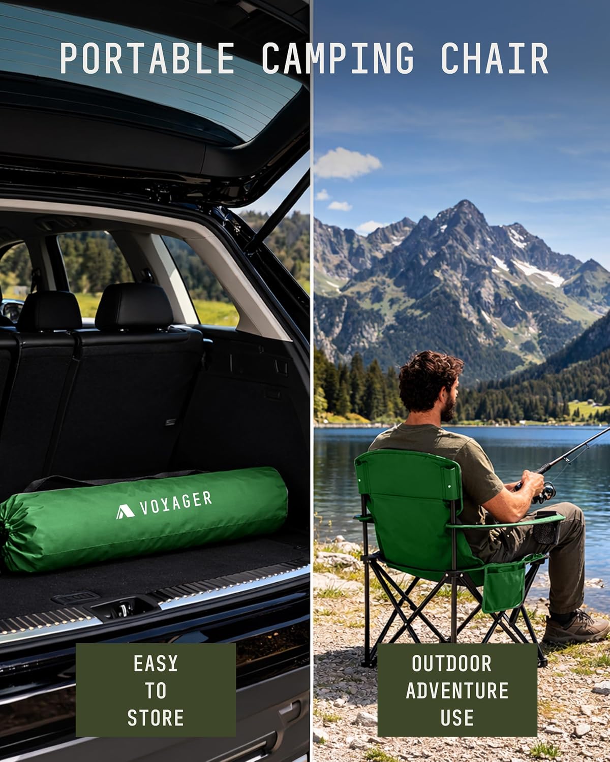 Folding Camping Chair 2 Pack Pocket Cup Holder Green