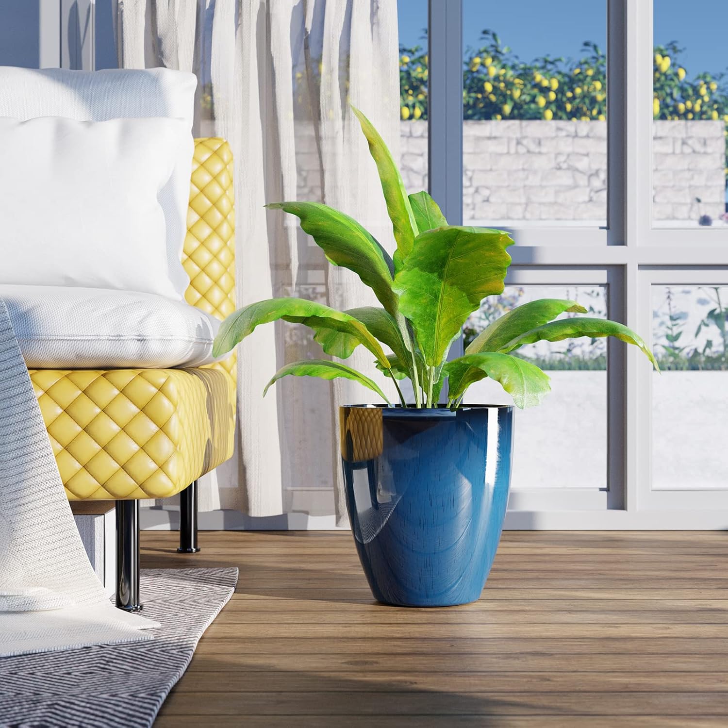 Set of 2 Blue Plant Pots 10 Inch Modern Planters Indoor Outdoor