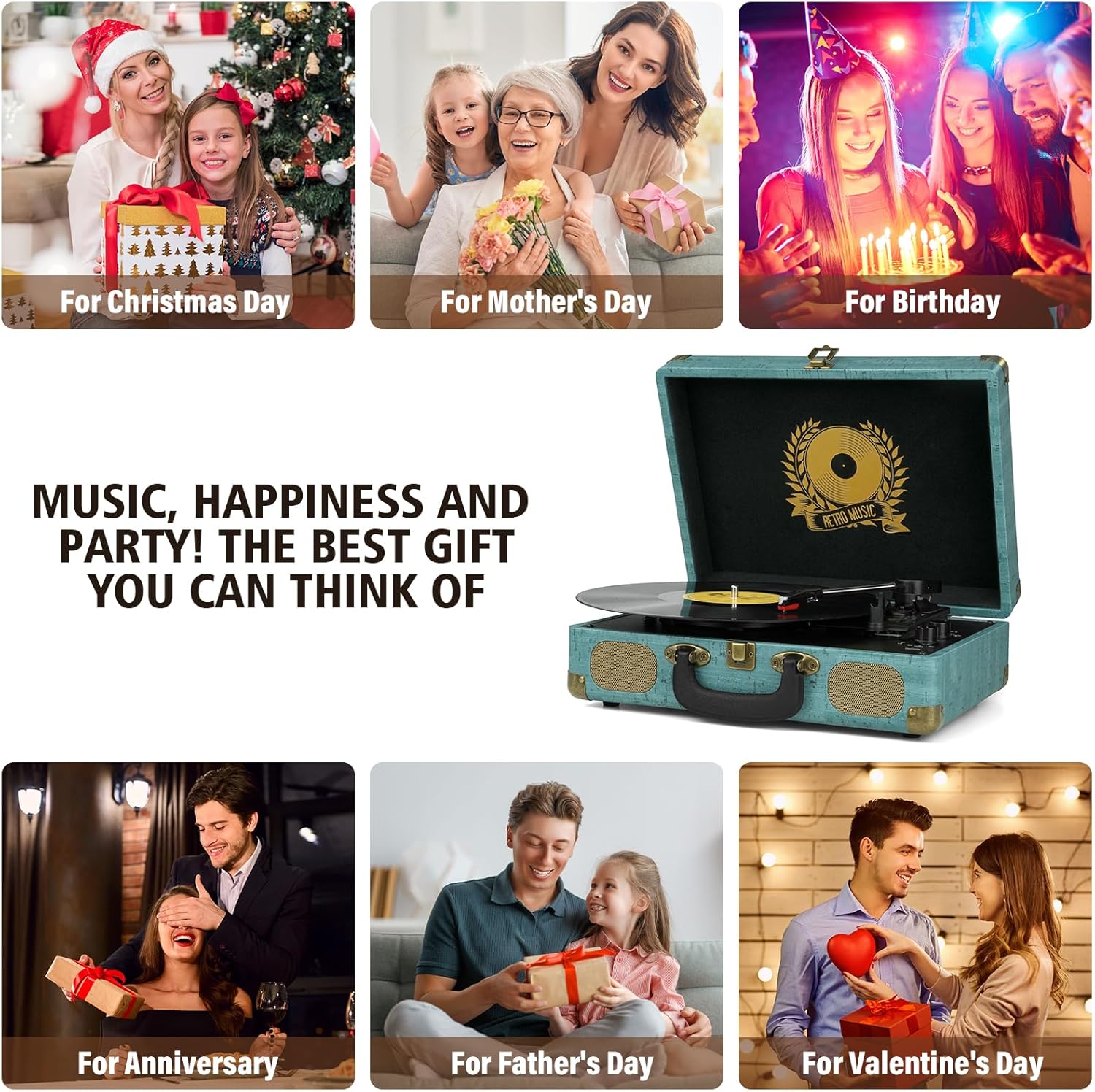 3-Speed Bluetooth Vinyl Record Player Portable Suitcase Turntable Military Green