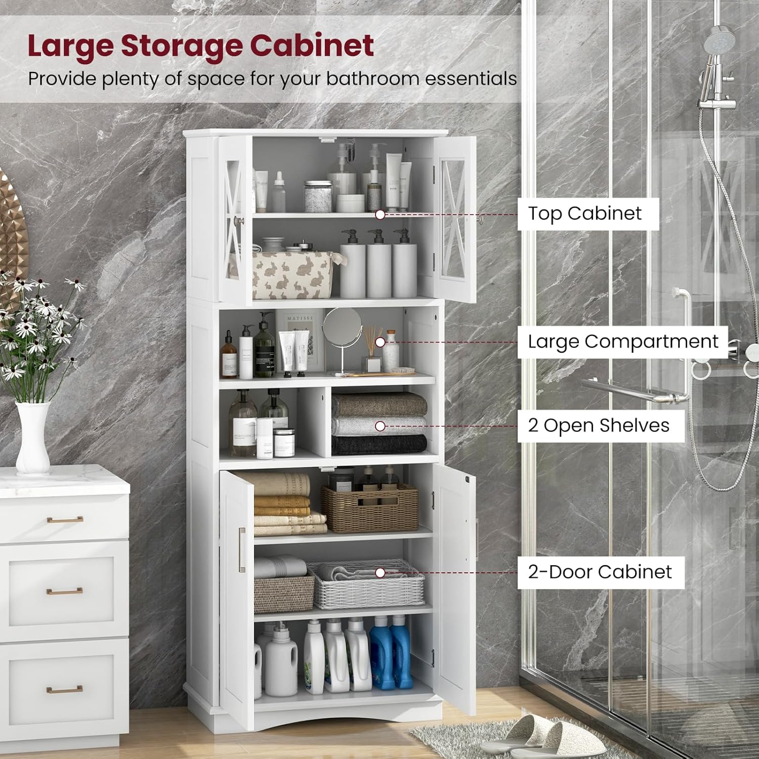 White Tallboy Bathroom Cabinet 4 Door Shelf Storage Unit