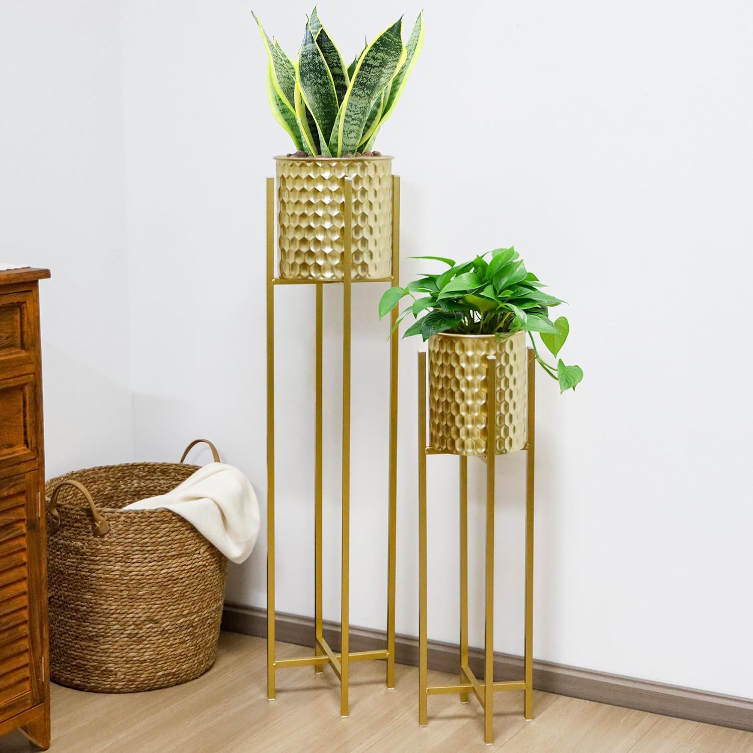 Tall Gold Planters with Stand Set of 2 105cm 75cm Honeycomb