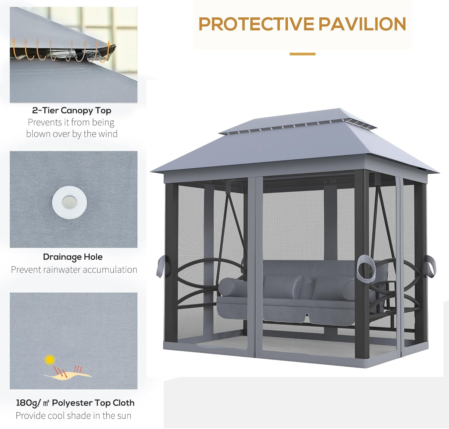 3 Seater Convertible Swing Chair Bed Gazebo Grey