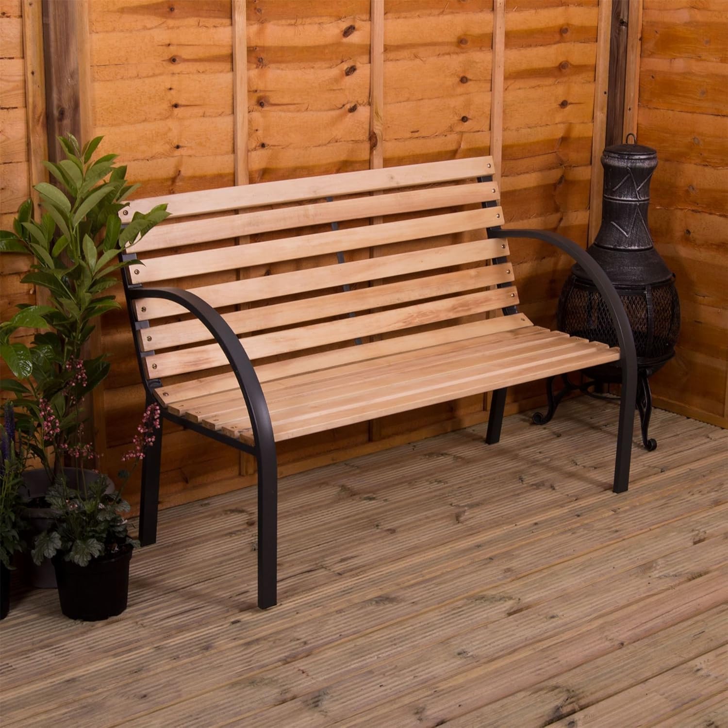 3 Seater Wooden Garden Bench Steel Frame Slatted Patio Seat
