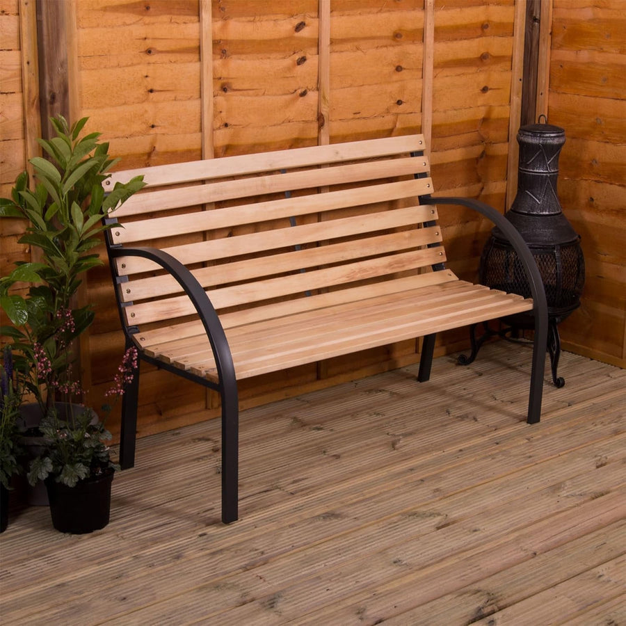 3 Seater Wooden Garden Bench Steel Frame Slatted Patio Seat