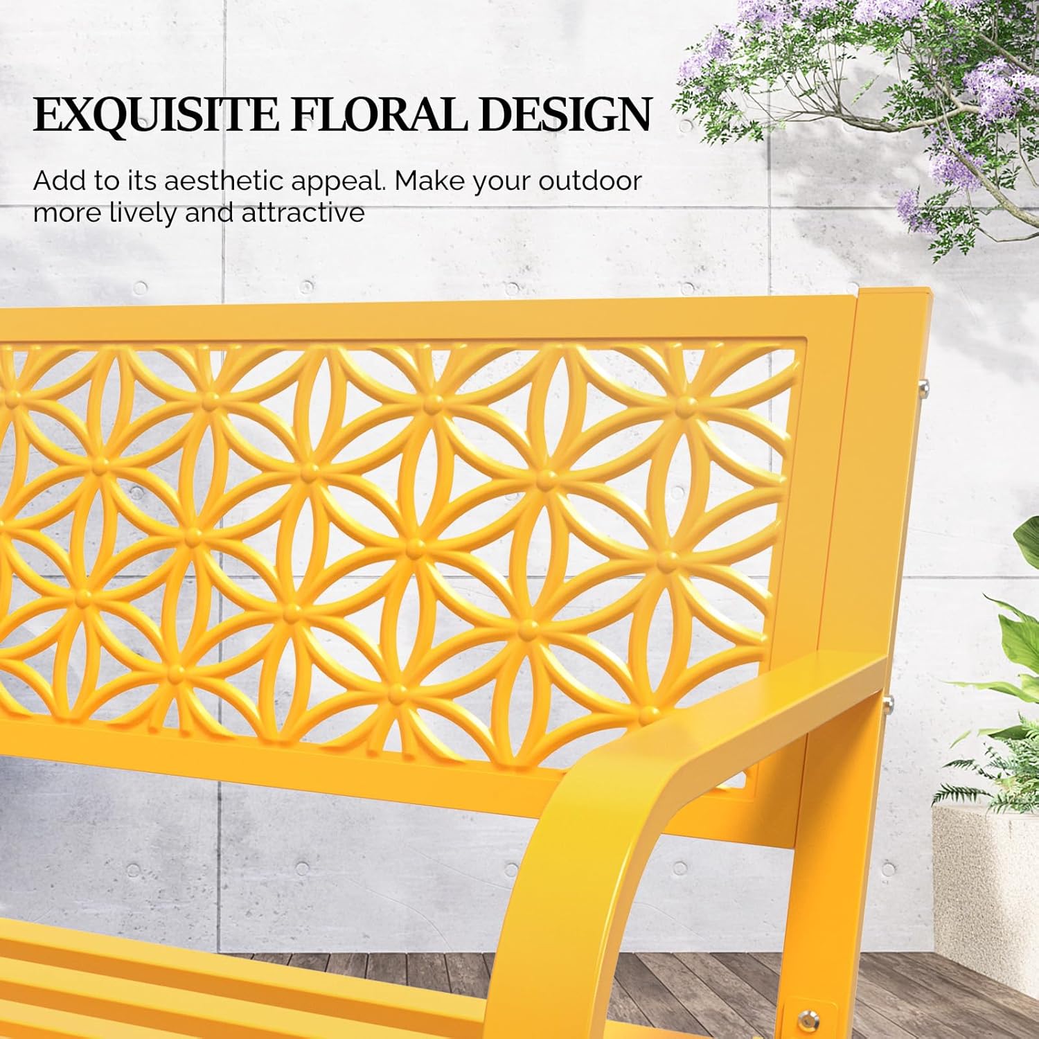 Metal Garden Bench 2-3 Seater Floral Back Outdoor Patio Seat Yellow