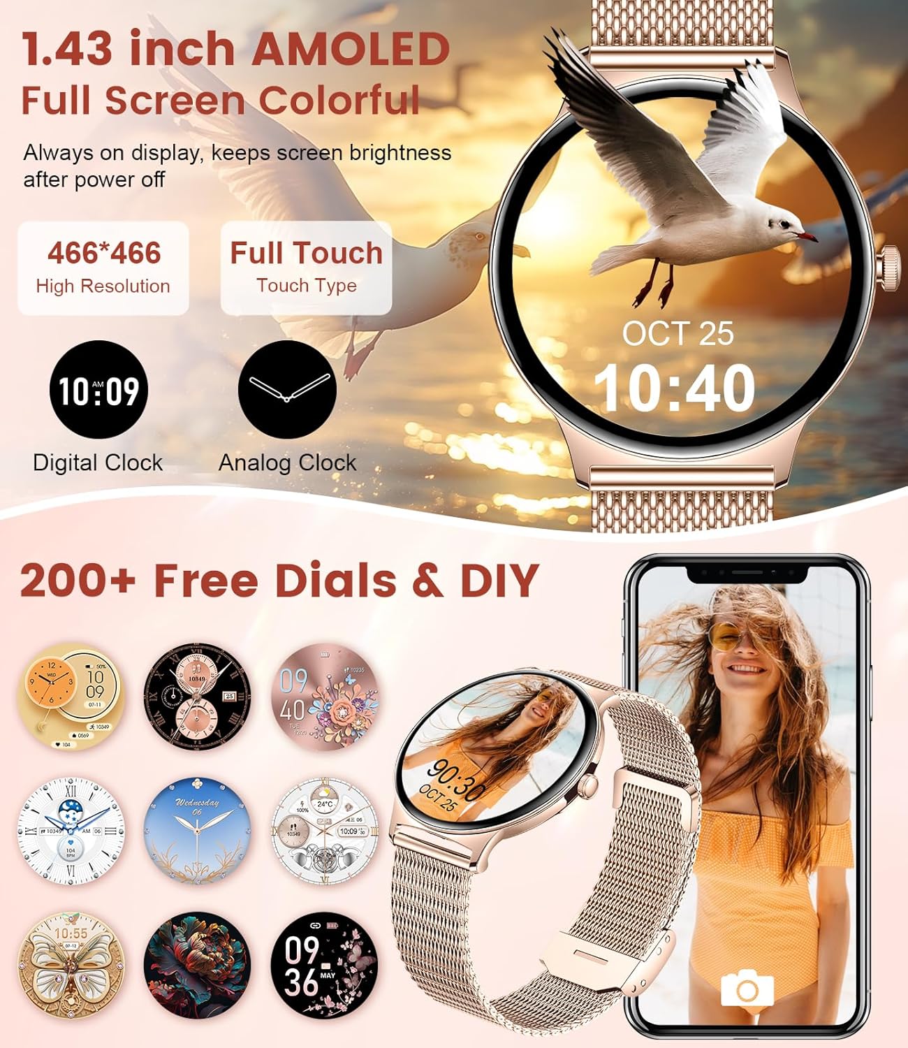 Rose Gold Women AMOLED Smart Watch 110 Sports