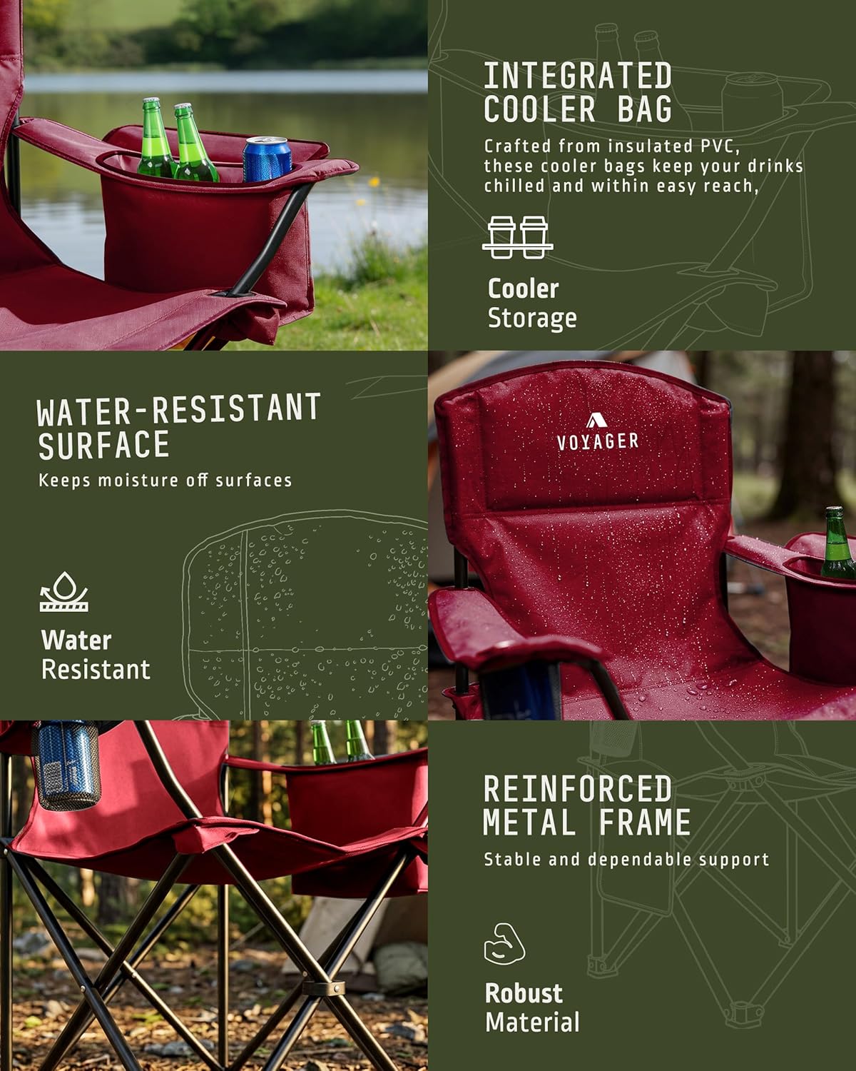 Folding Camping Chairs 2 Pack Cooler Bag Red Set