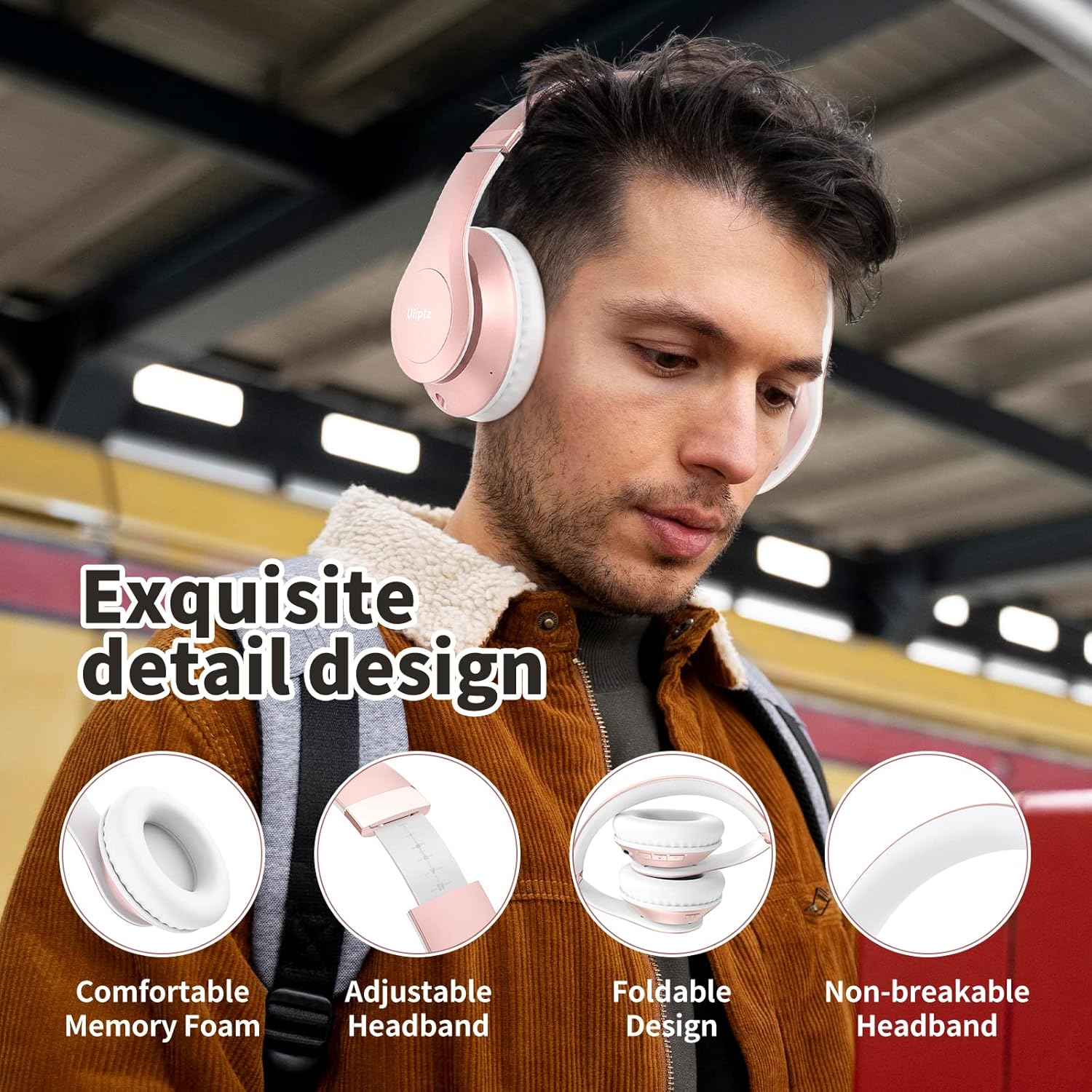 Wireless Bluetooth Over Ear Headphones 65Hr Battery 6 EQ Modes Rose Gold