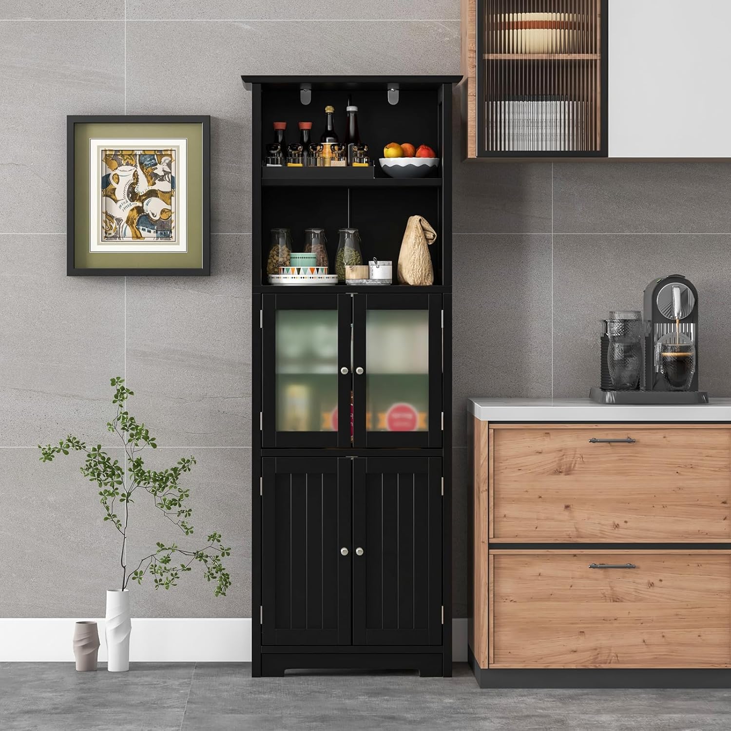 Tall Storage Cabinet Glass Door 6 Tier Shelf Unit Black