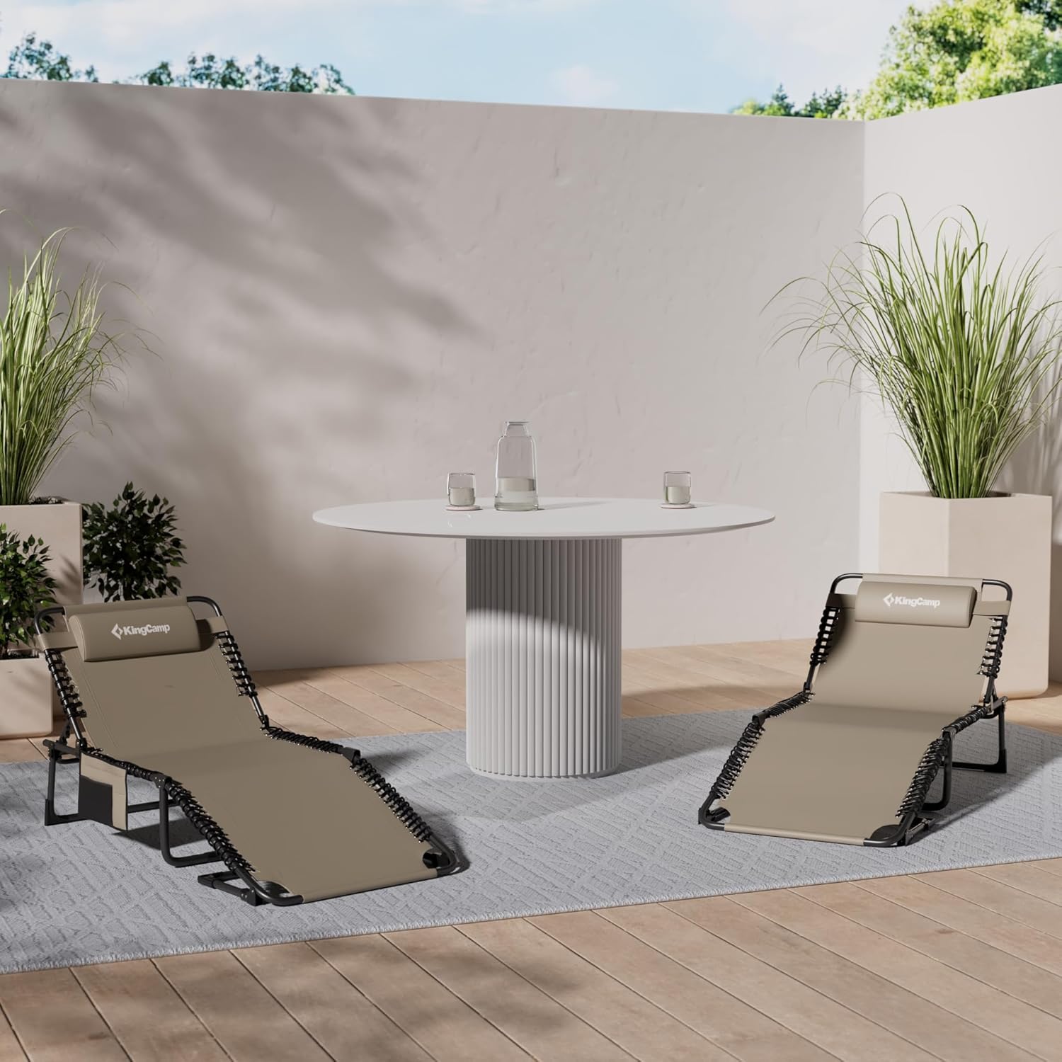 Folding Sun Lounger Camp Bed Beige 5 Position Recliner